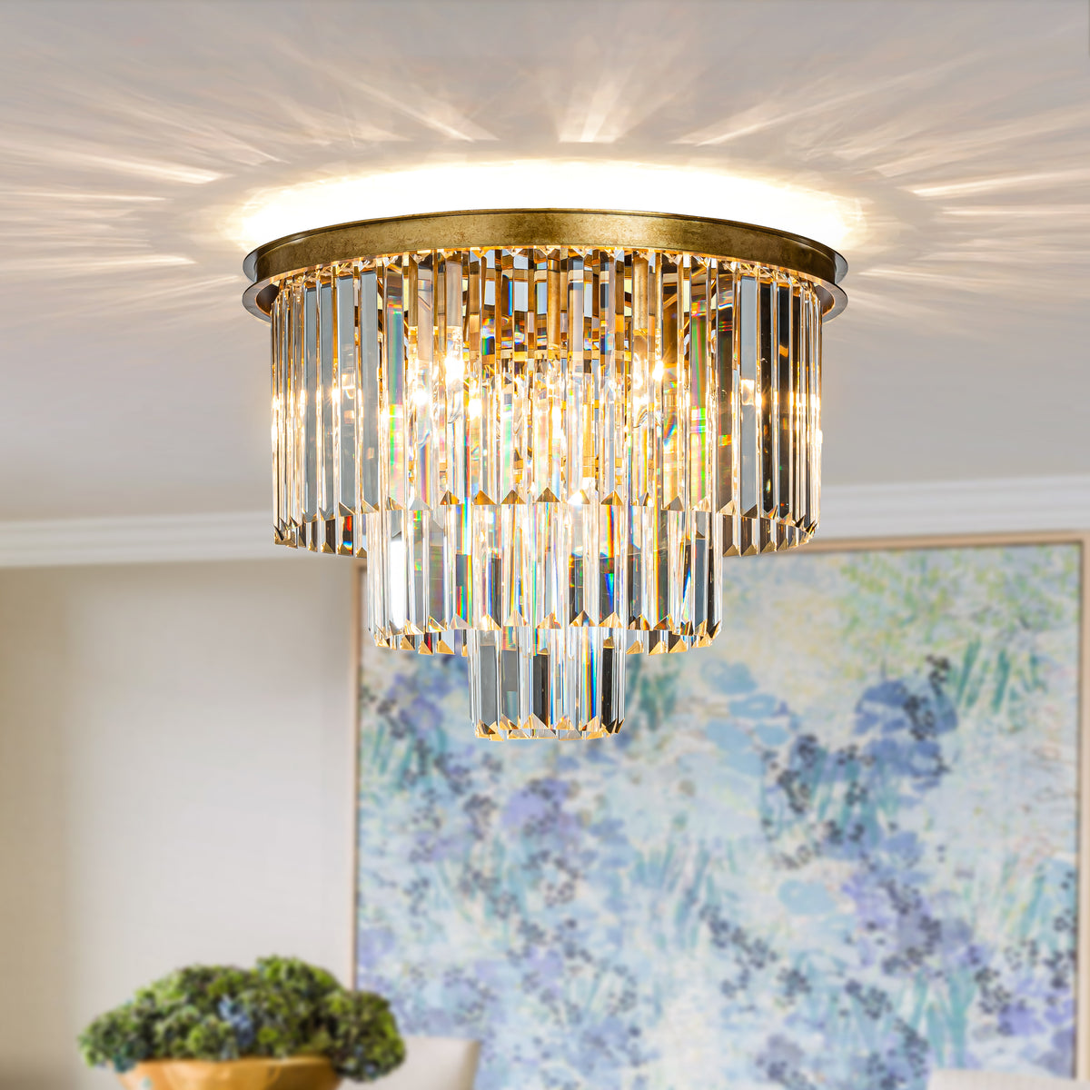 Modern Unique Tiered Crystal Flush Mount Lighting in Matte Gold