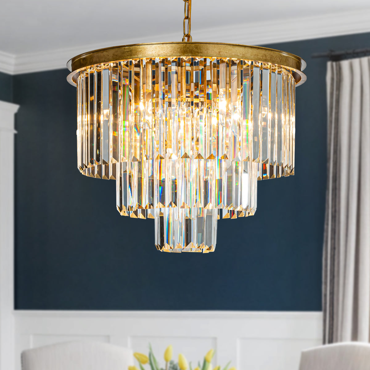 Modern Unique Tiered Crystal Chandelier in Matte Gold for Dining Room