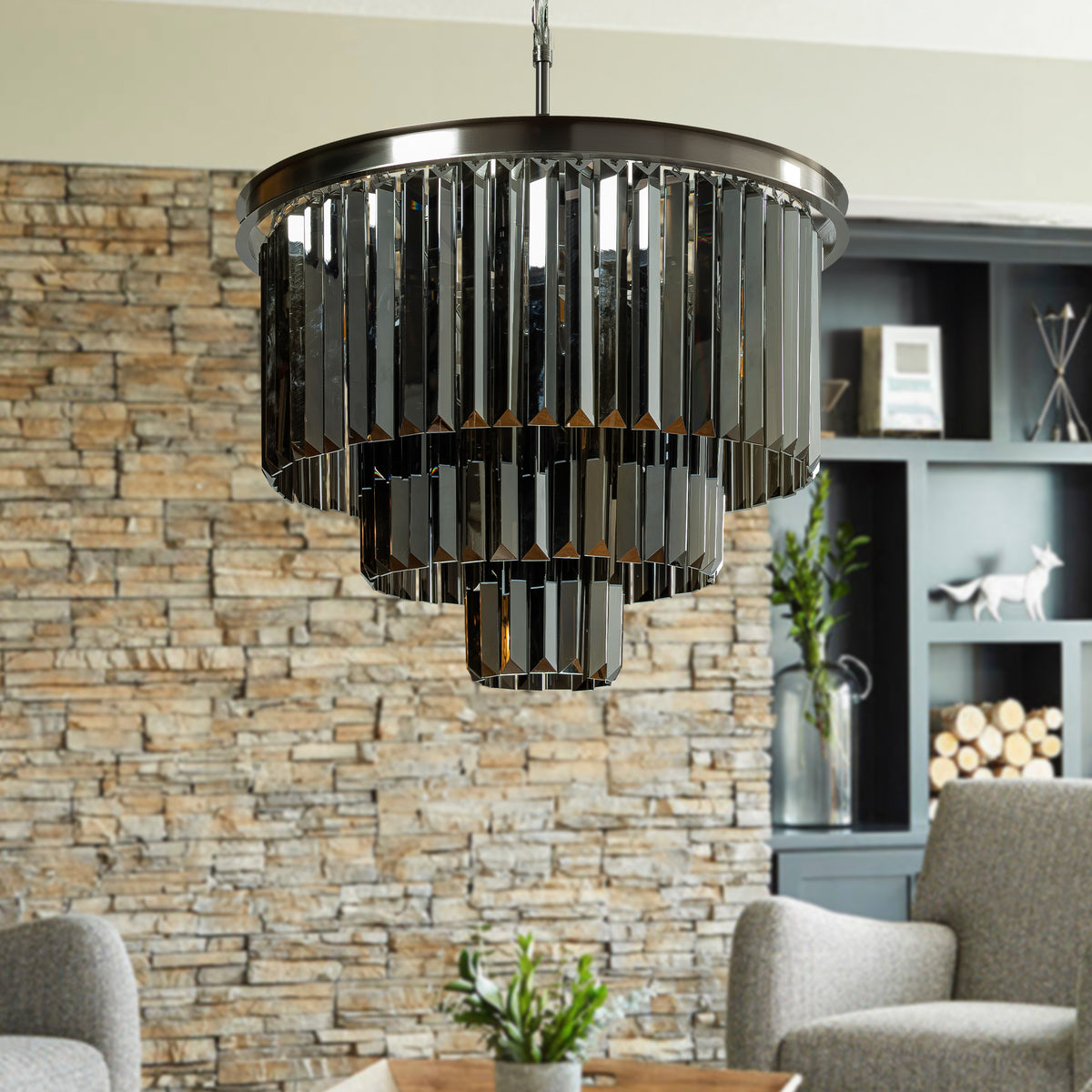 10-Light 20'' Modern Round Fringe Smoke Crystal Flush Mount Ceiling Luxury Polished Nickel Tiered Glass Light Fixtures For Dining Room