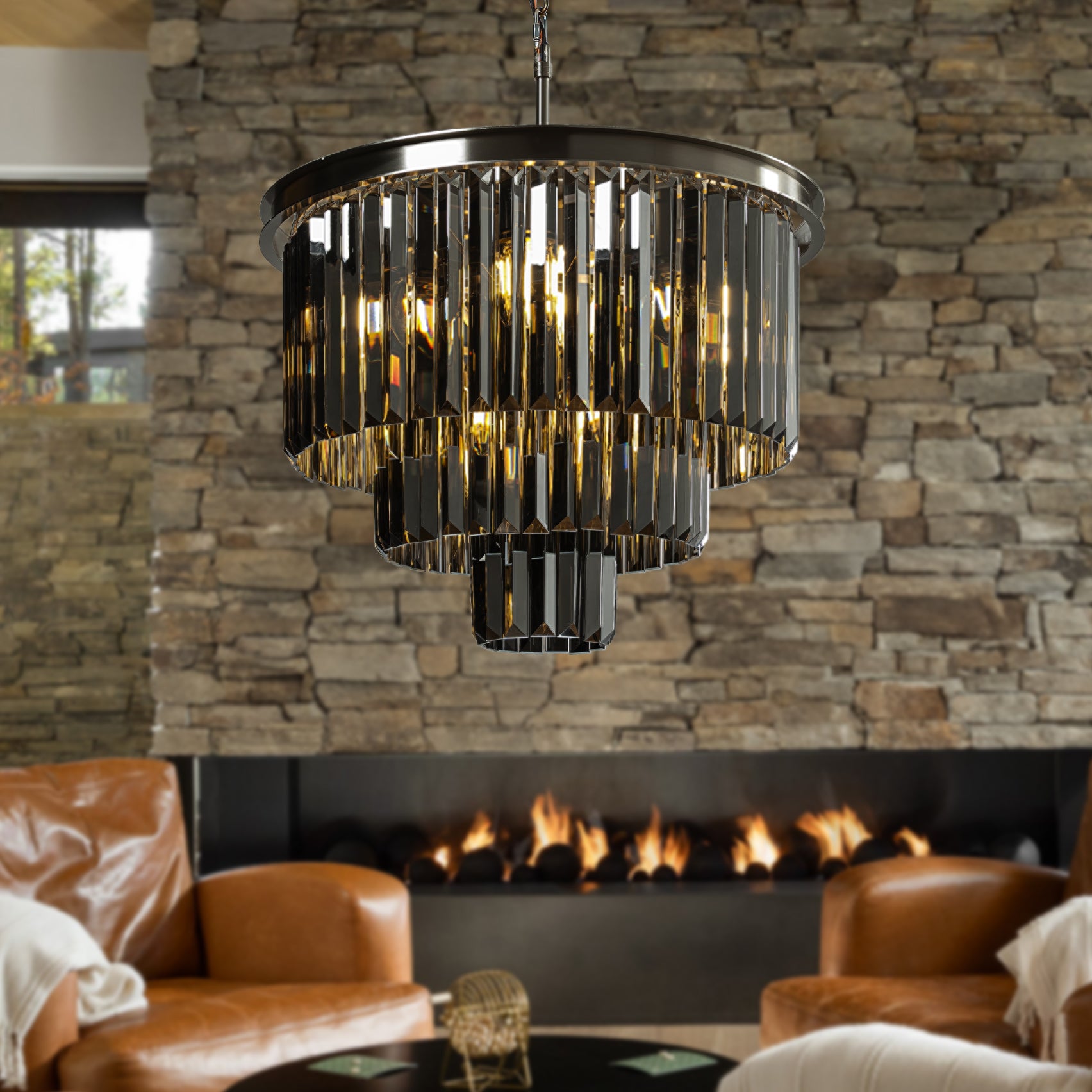10-Light 20'' Modern Round Fringe Smoke Crystal Flush Mount Ceiling Luxury Polished Nickel Tiered Glass Light Fixtures For Dining Room