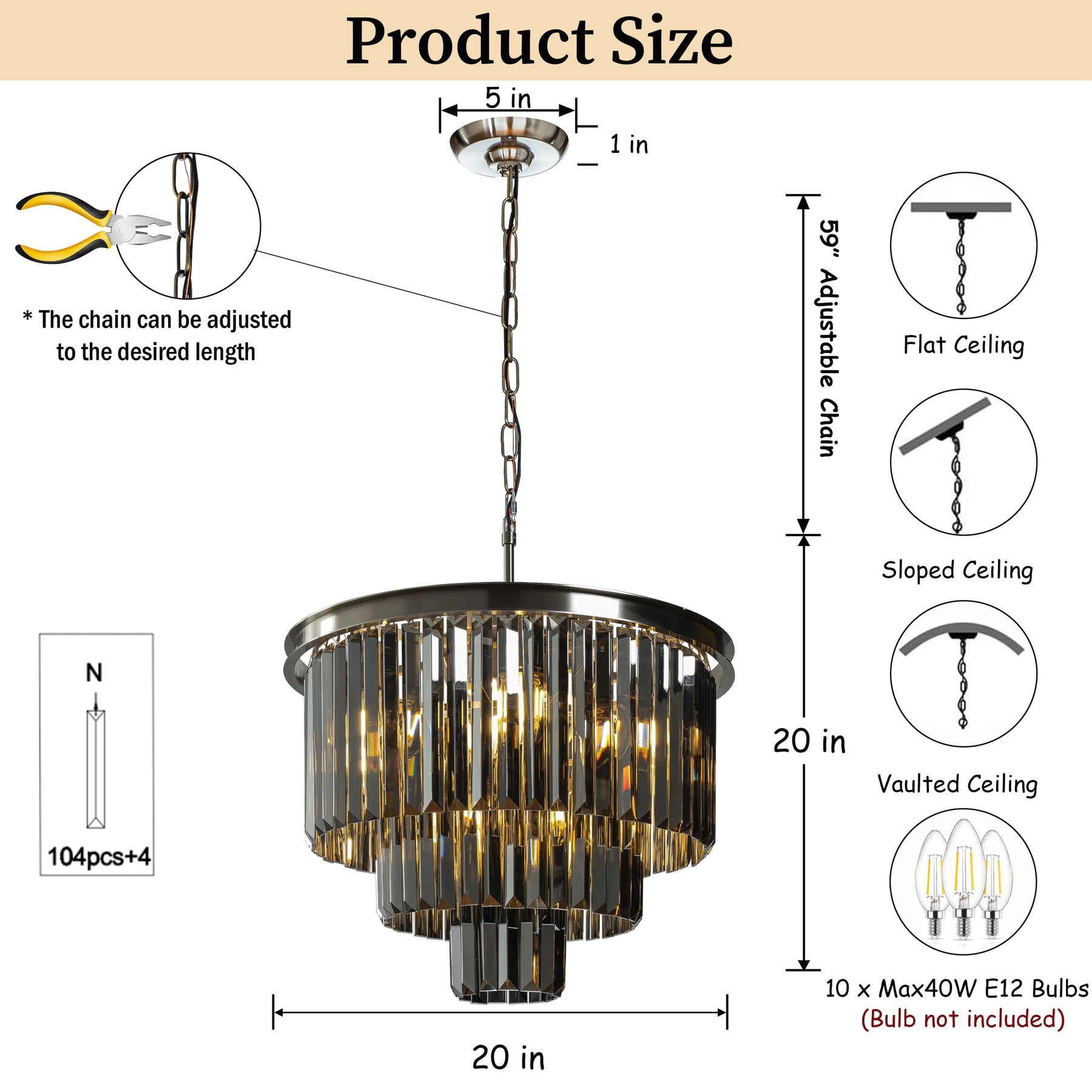 10-Light 20'' Modern Round Fringe Smoke Crystal Flush Mount Ceiling Luxury Polished Nickel Tiered Glass Light Fixtures For Dining Room