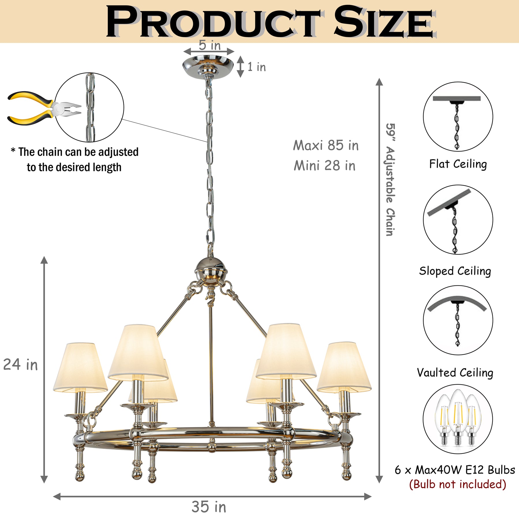 Vintage Nickel Chandelier 6-Light Classic Pendant Fixture Elegant Interior Lighting With White Shades For Dining Room Living Room