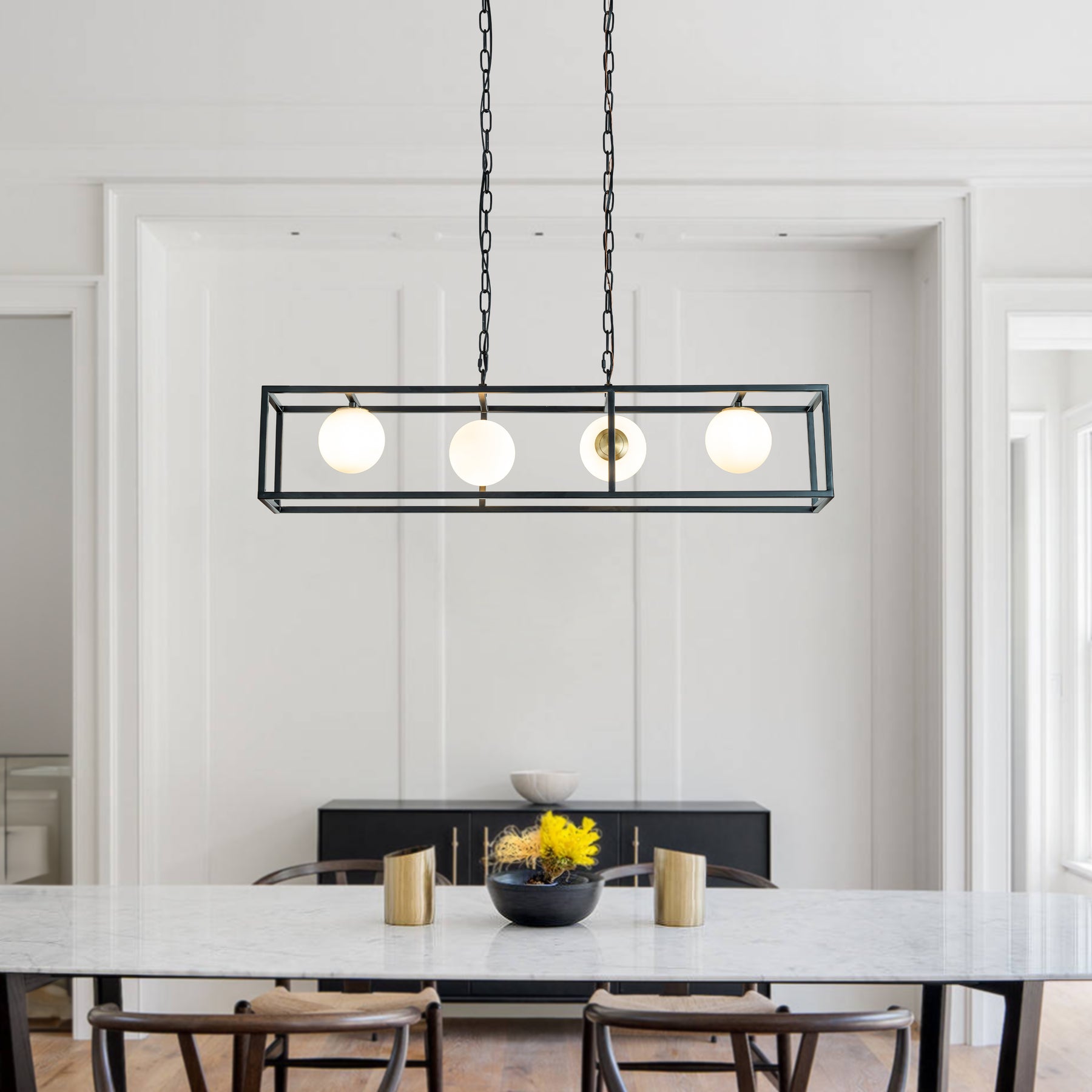 Modern Industrial Linear Rectangular Chandelier in Matte Black with Globe Glass Shade