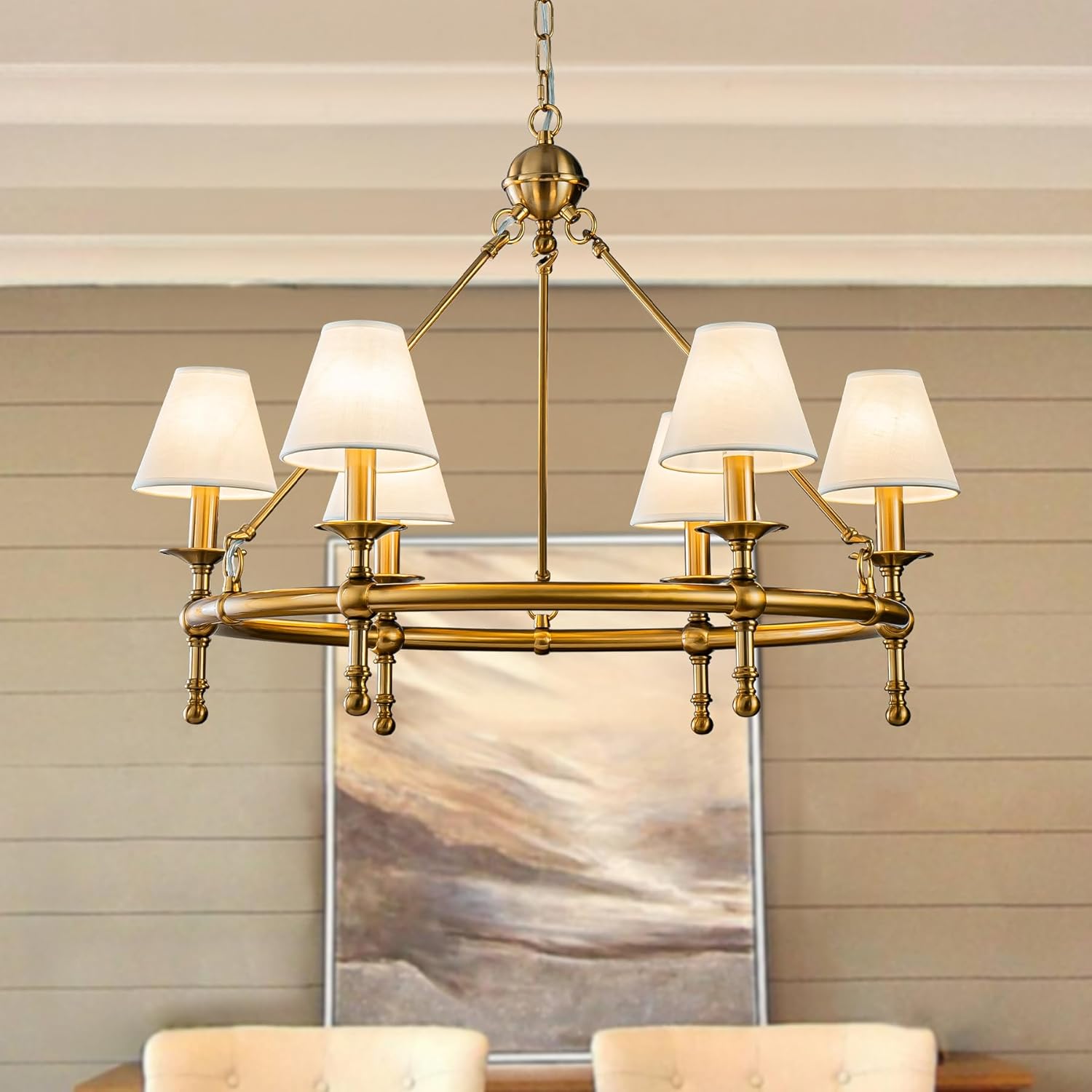 6 Lights W34 Vintage Brass and White Pleated Fabric Chandeliers for Dining Room