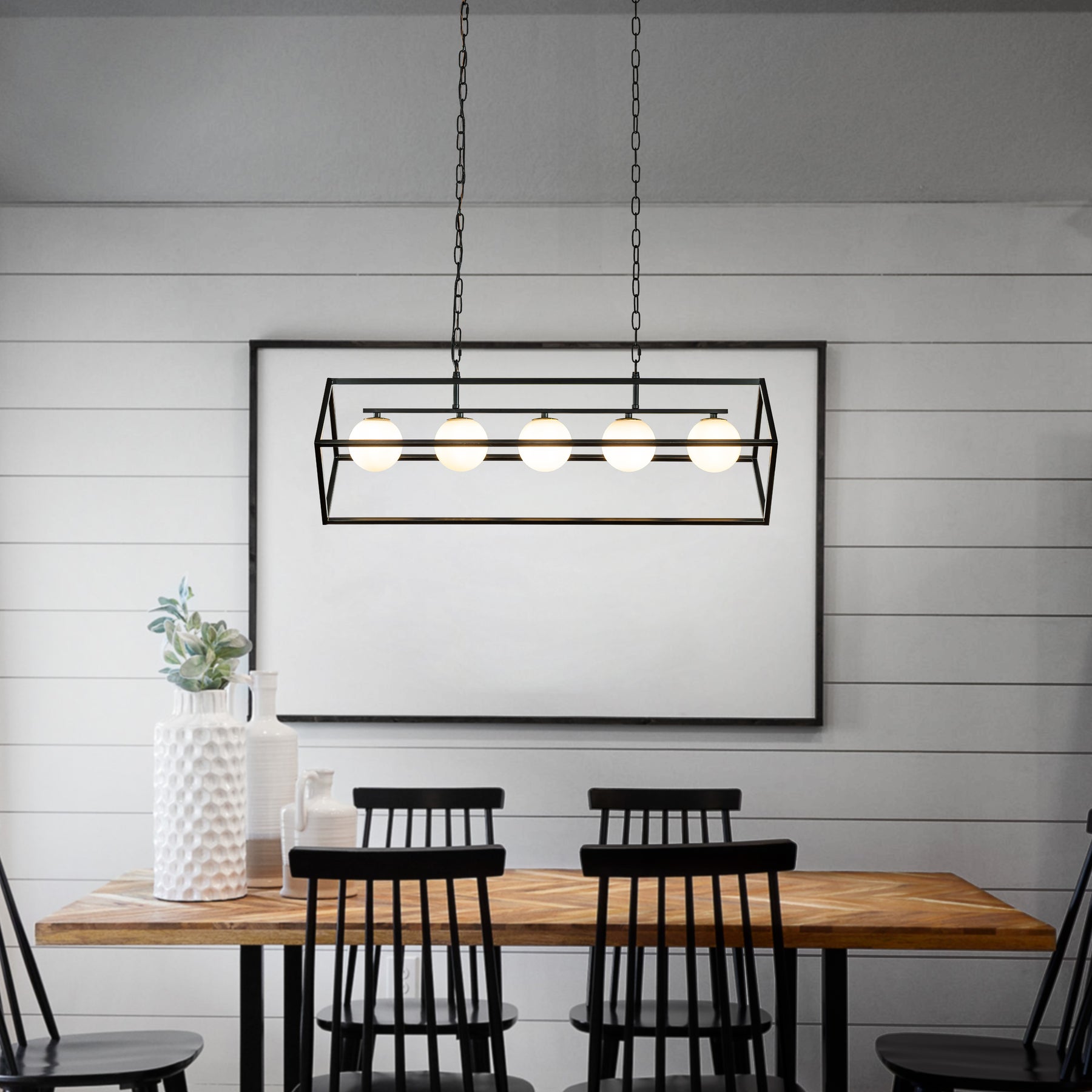 Industrial Linear Geometric Chandelier in Black Metal Frame with Globe Glass Shade