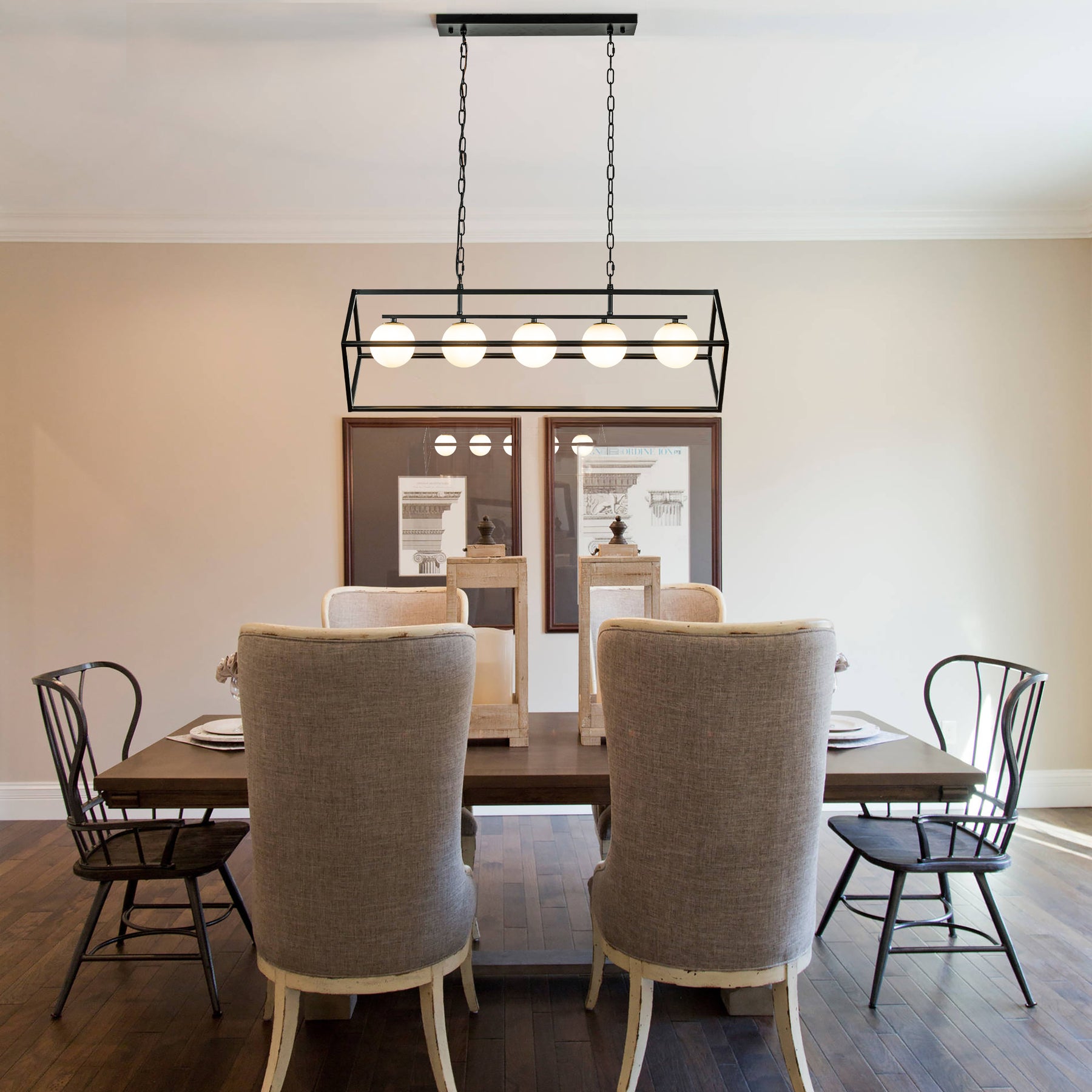 Industrial Linear Geometric Chandelier in Black Metal Frame with Globe Glass Shade