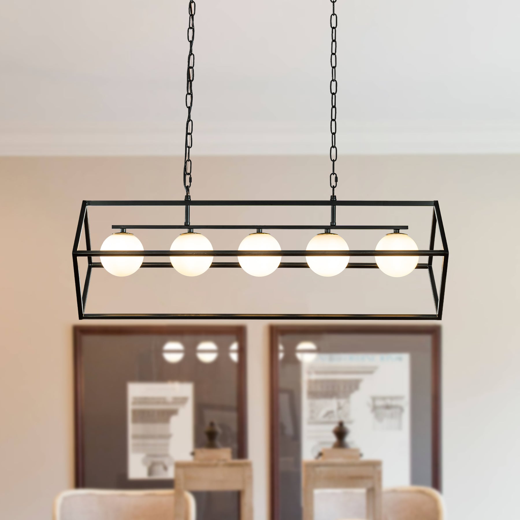 Industrial Linear Geometric Chandelier in Black Metal Frame with Globe Glass Shade