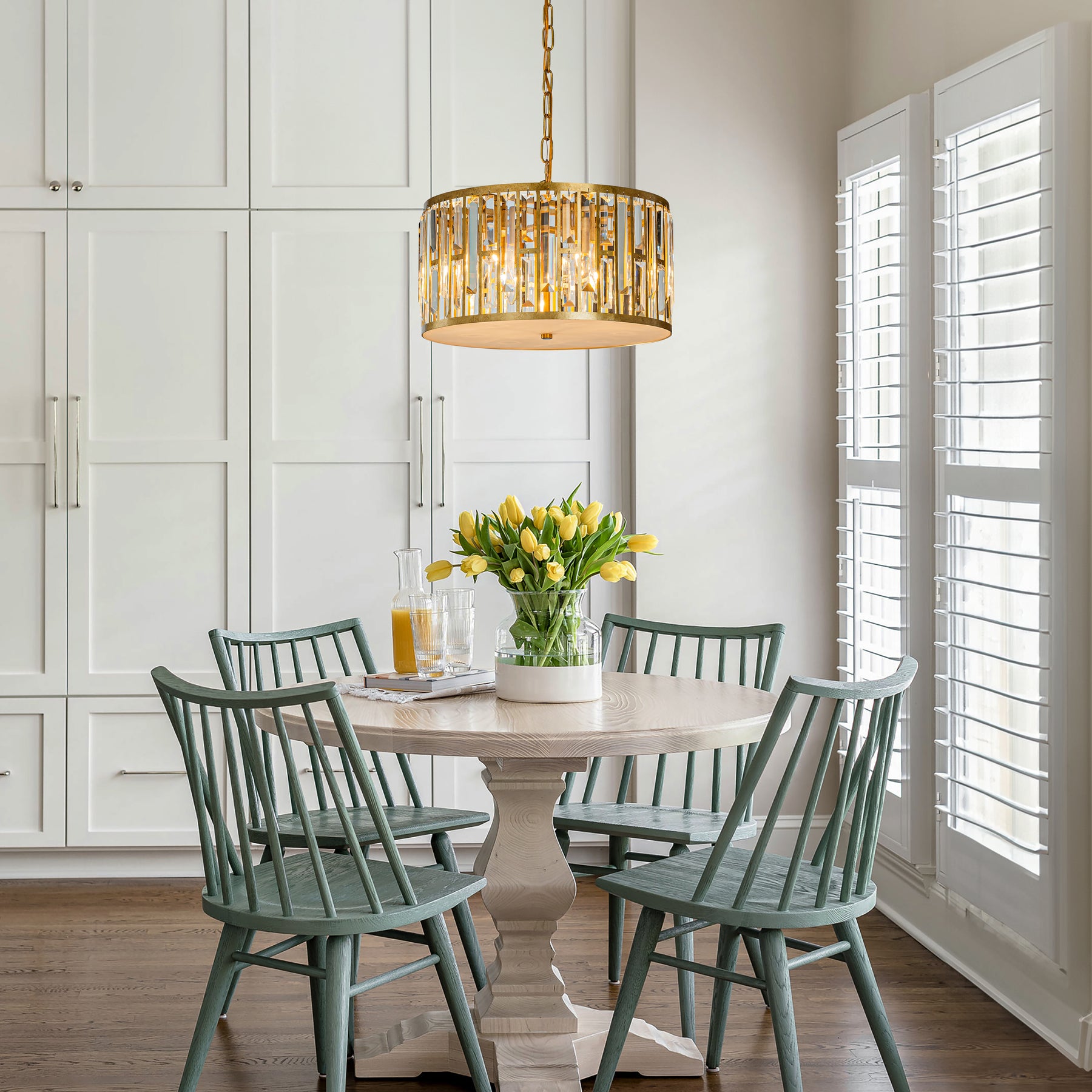 Mid-Century Modern Drum Chandelier with Crystals in Matte Gold