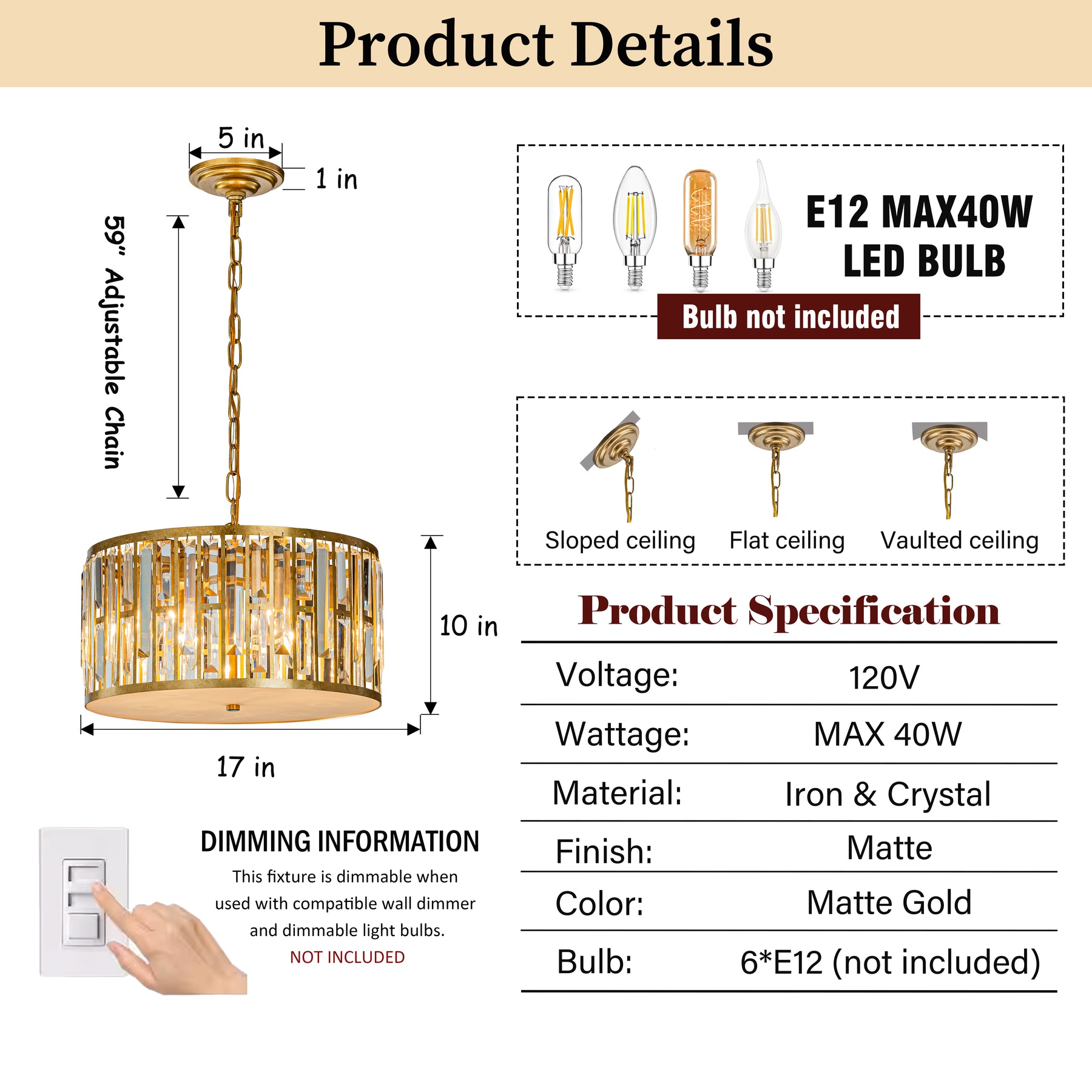 Mid-Century Modern Drum Chandelier with Crystals in Matte Gold