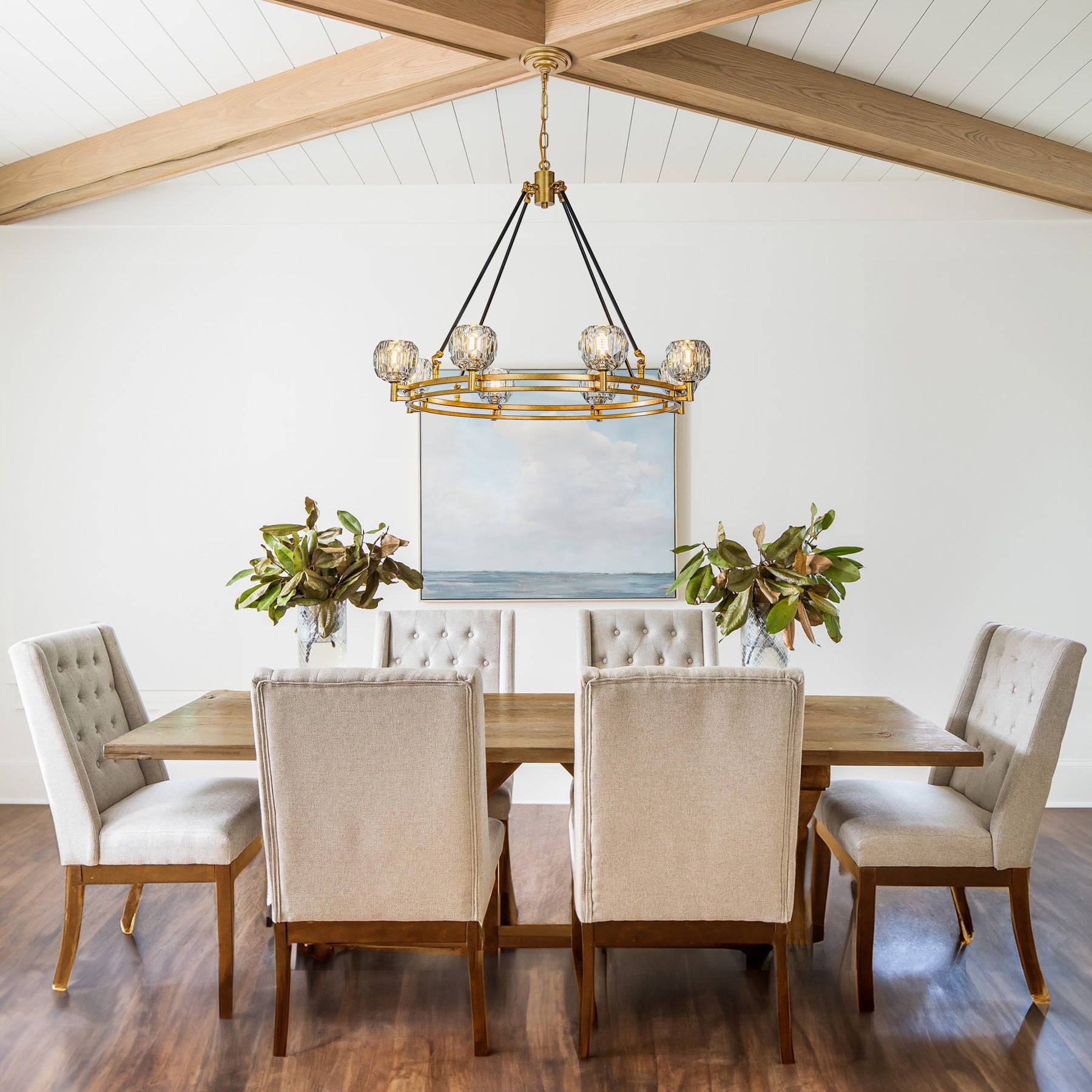 Modern/Contemporary 8-Light Antique Gold Facet-cut Crystal Chandelier Vintage Dining Room Pendant Light Fixtures