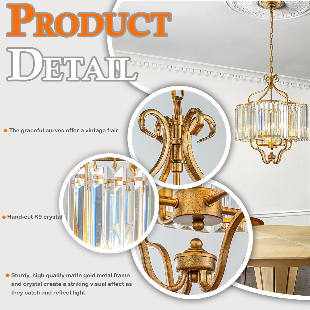 4 Lights W18in Glam Crystal Chandelier in Matte Gold Luxury Unique Drum Shape Pendant Light for Dining Room