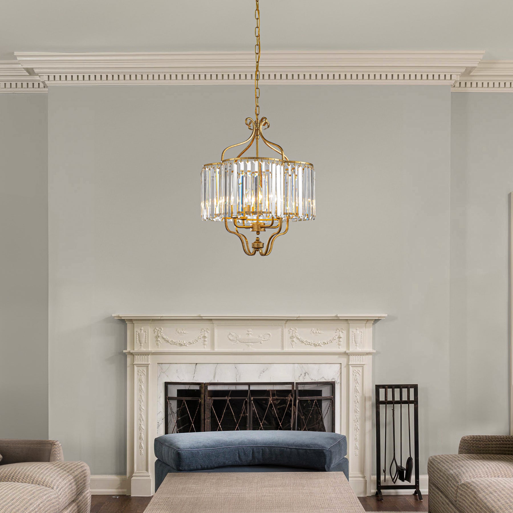 4 Lights W18in Glam Crystal Chandelier in Matte Gold Luxury Unique Drum Shape Pendant Light for Dining Room