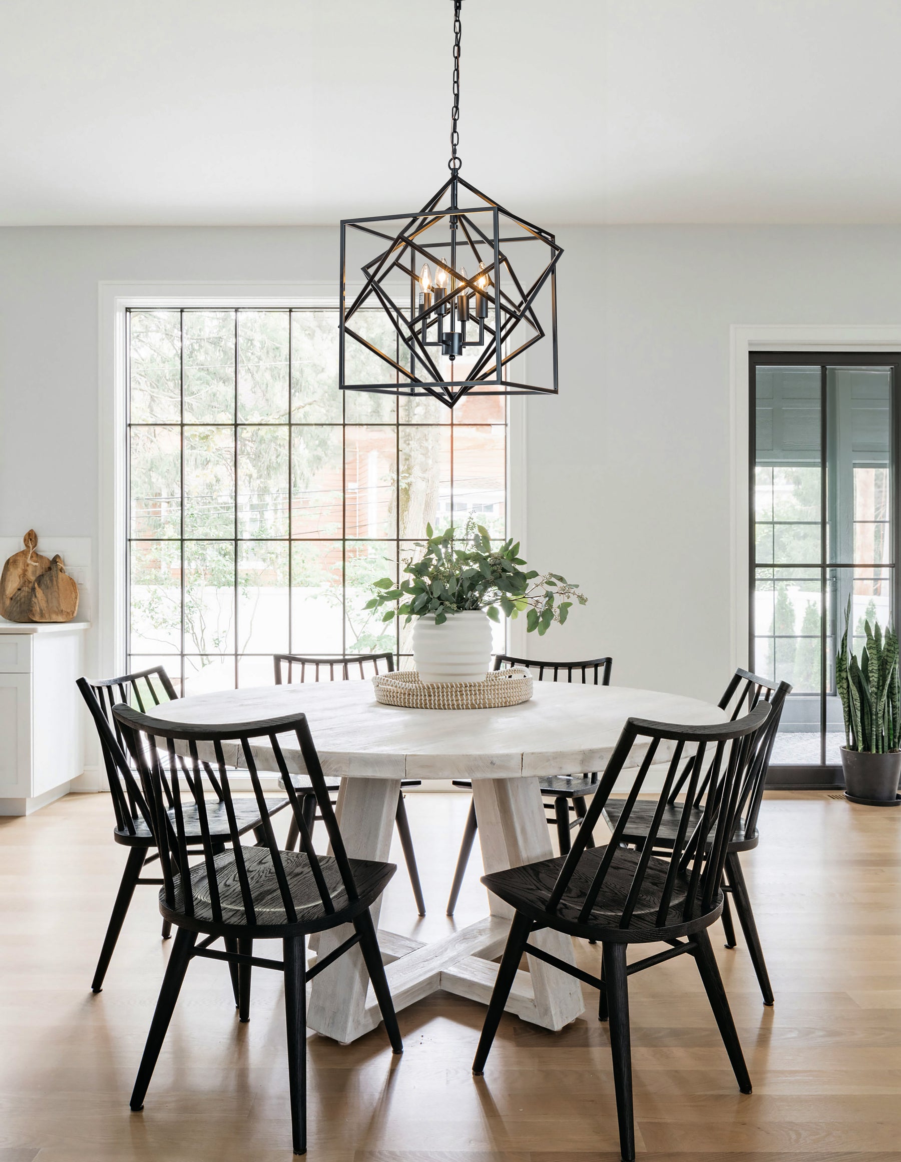 4-Light Modern Geometric Chandelier Metal Caged Ceiling Hanging Pendant in Matte Black