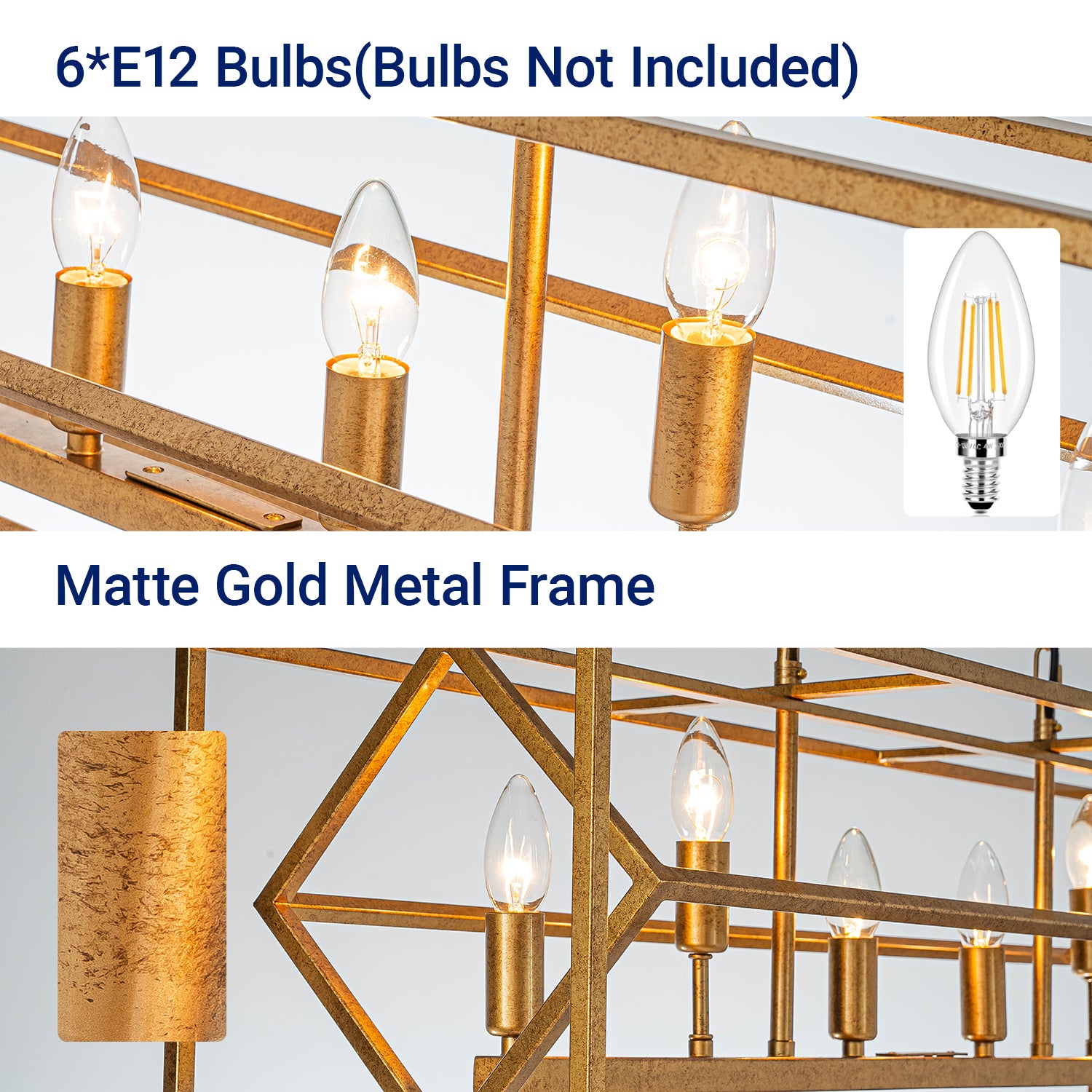 6-Light 39'' Antique Gold Modern Candle Linear Chandelier Rectangle Industrial Dining Room Kitchen Island Ceiling Light