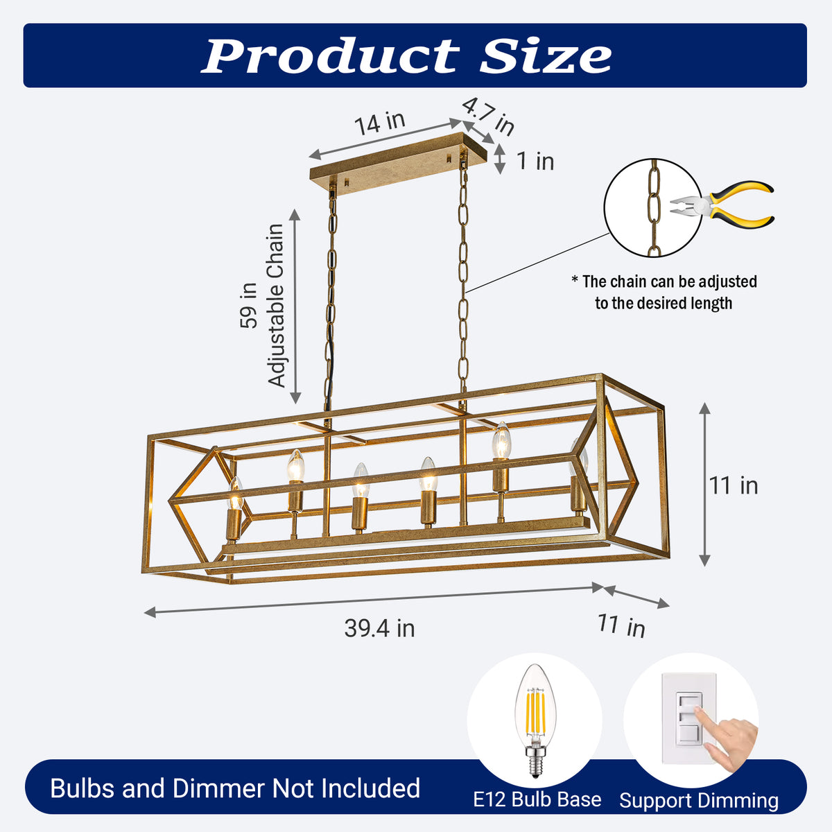 6-Light 39'' Antique Gold Modern Candle Linear Chandelier Rectangle Industrial Dining Room Kitchen Island Ceiling Light