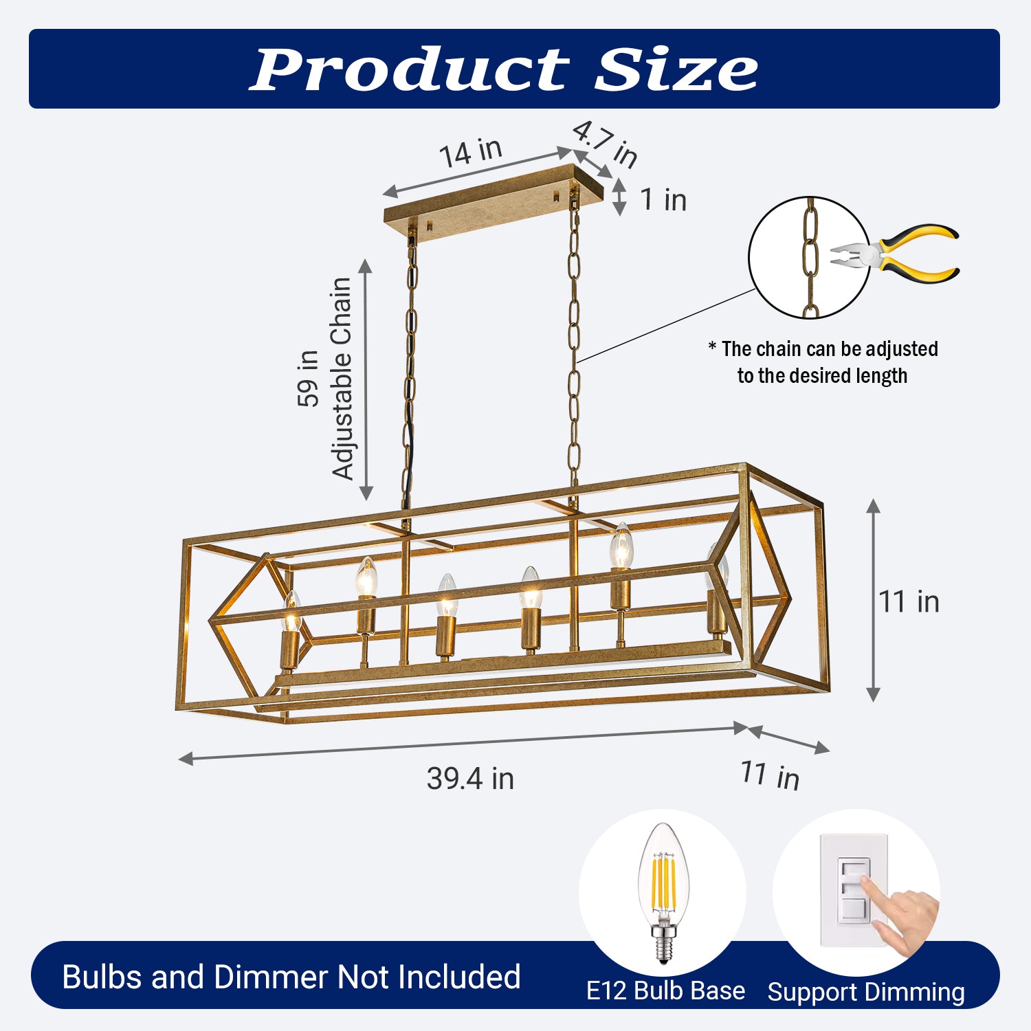6-Light 39'' Antique Gold Modern Candle Linear Chandelier Rectangle Industrial Dining Room Kitchen Island Ceiling Light
