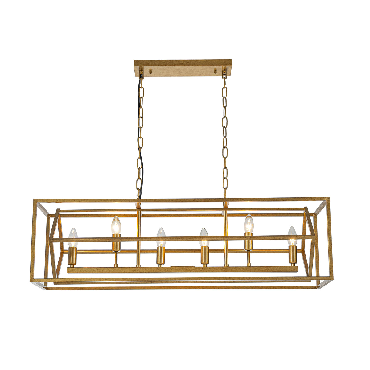 6-Light 39'' Antique Gold Modern Candle Linear Chandelier Rectangle Industrial Dining Room Kitchen Island Ceiling Light
