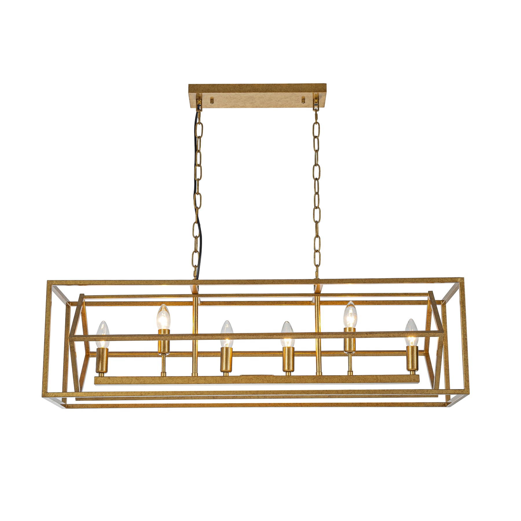 6-Light 39'' Antique Gold Modern Candle Linear Chandelier Rectangle Industrial Dining Room Kitchen Island Ceiling Light