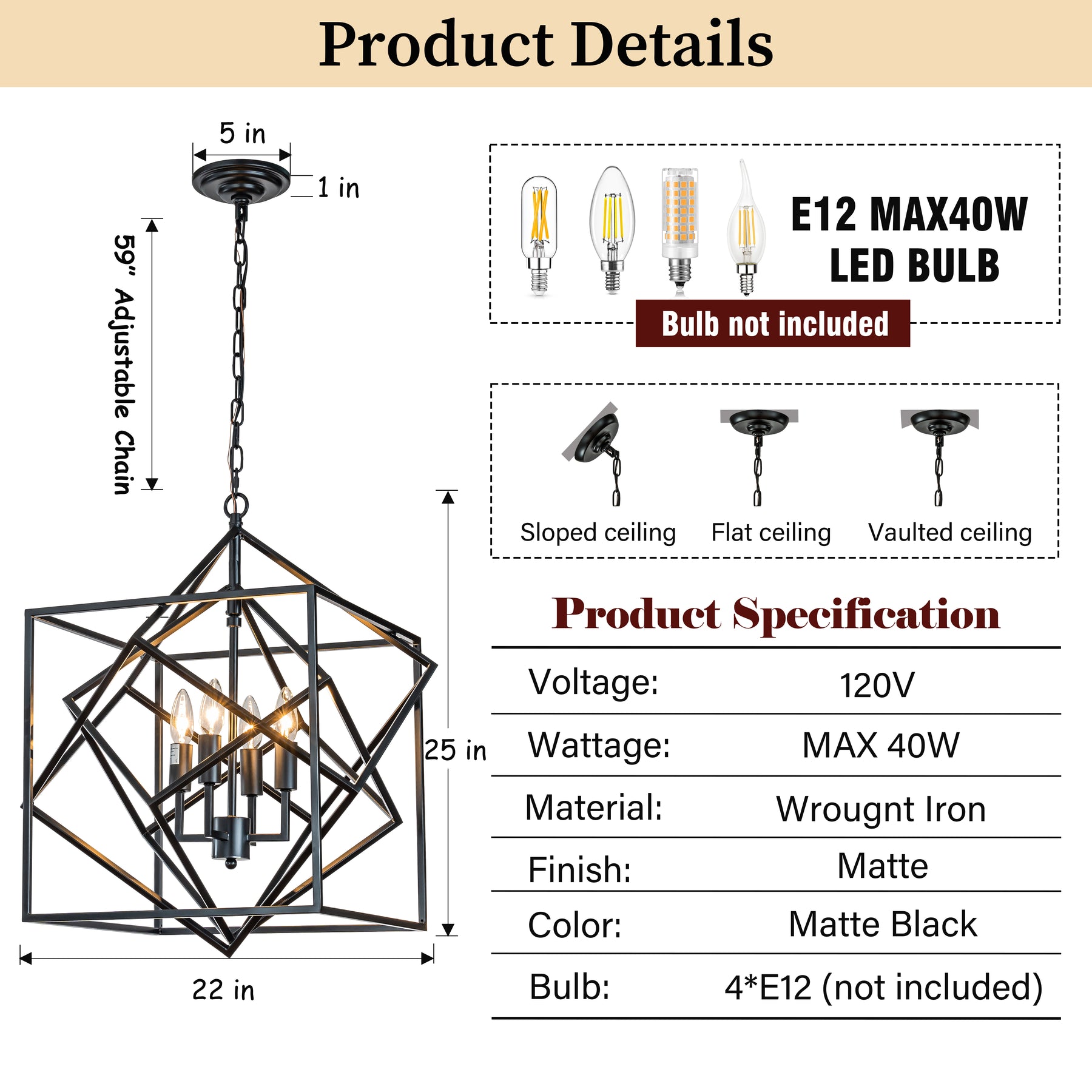 4-Light Modern Geometric Chandelier Metal Caged Ceiling Hanging Pendant in Matte Black