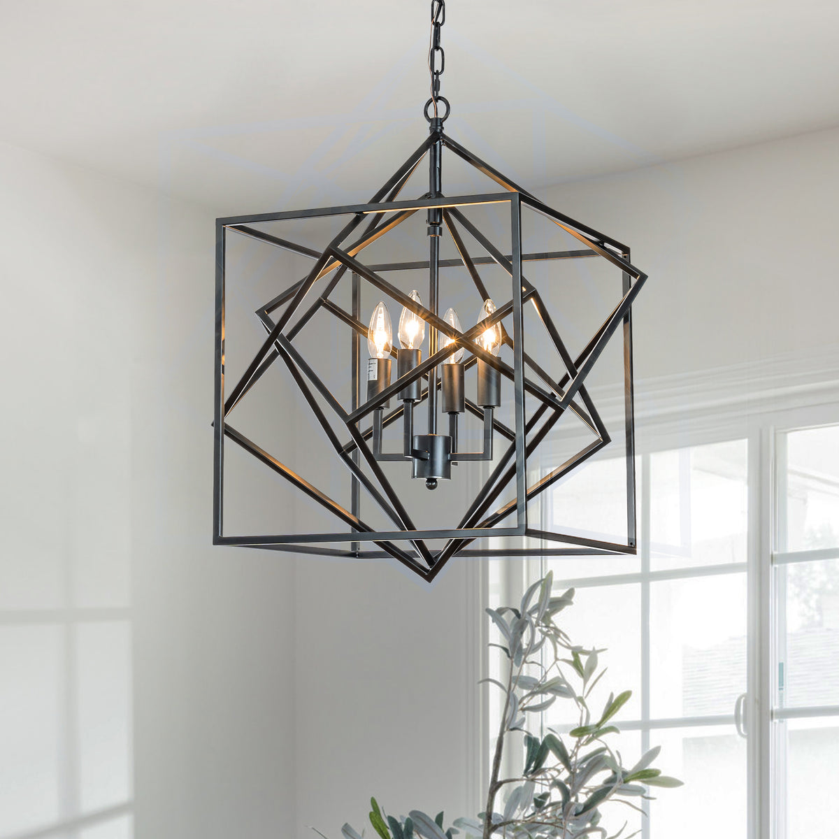 4-Light Modern Geometric Chandelier Metal Caged Ceiling Hanging Pendant in Matte Black