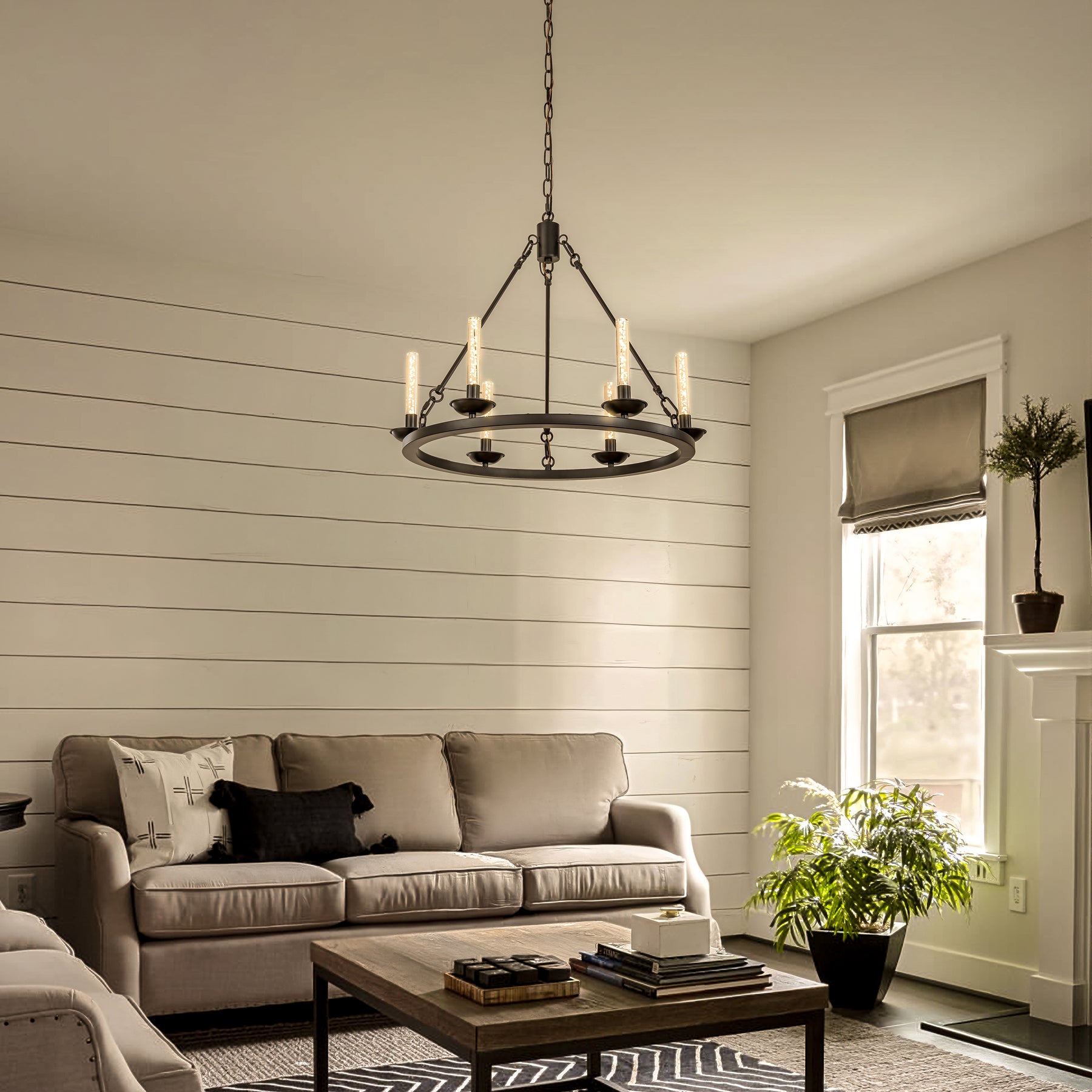 26'' 6-Light Transitional Black LED Chandelier With Unique Bubble Tube Round Modern Farmhouse Candle LED Pendant Lighting For Living Room and Dining Room