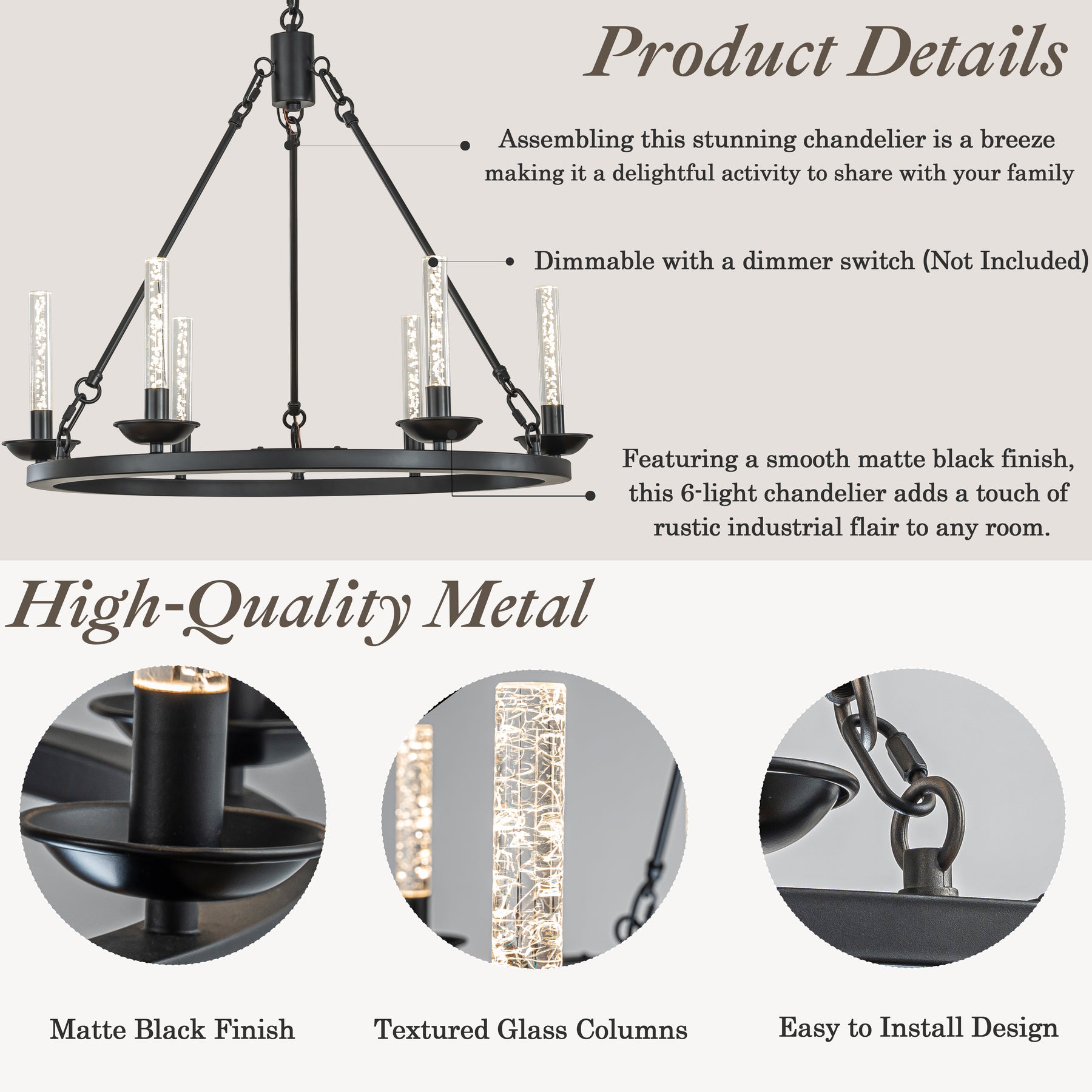 26'' 6-Light Transitional Black LED Chandelier With Unique Bubble Tube Round Modern Farmhouse Candle LED Pendant Lighting For Living Room and Dining Room