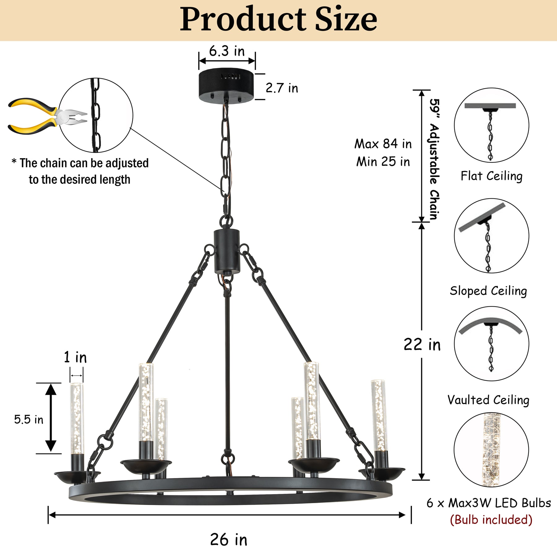 26'' 6-Light Transitional Black LED Chandelier With Unique Bubble Tube Round Modern Farmhouse Candle LED Pendant Lighting For Living Room and Dining Room