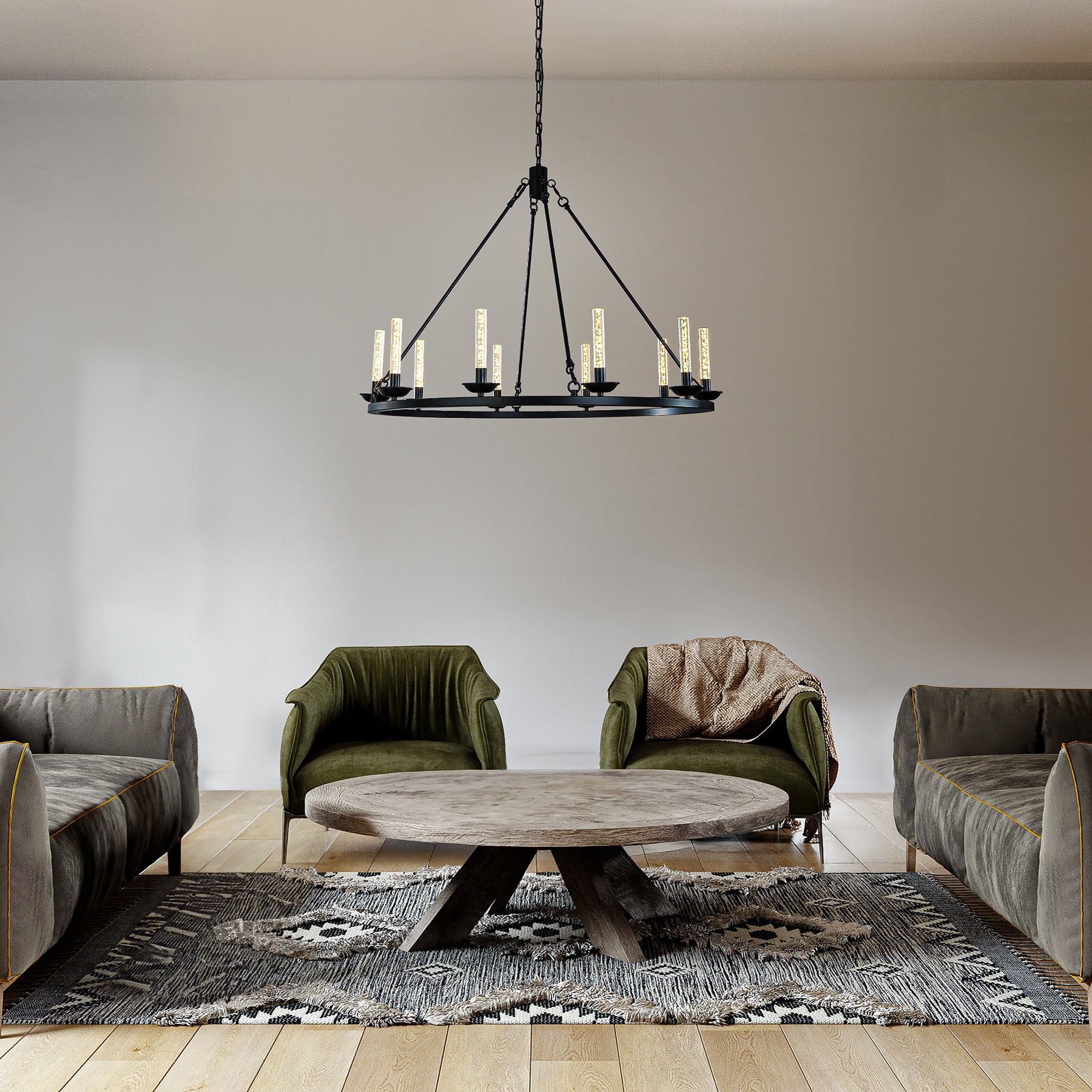 35'' 10-Light Transitional Black LED Chandelier With Unique Bubble Tube Round Modern Farmhouse Candle LED Pendant Lighting For Living Room and Dining Room