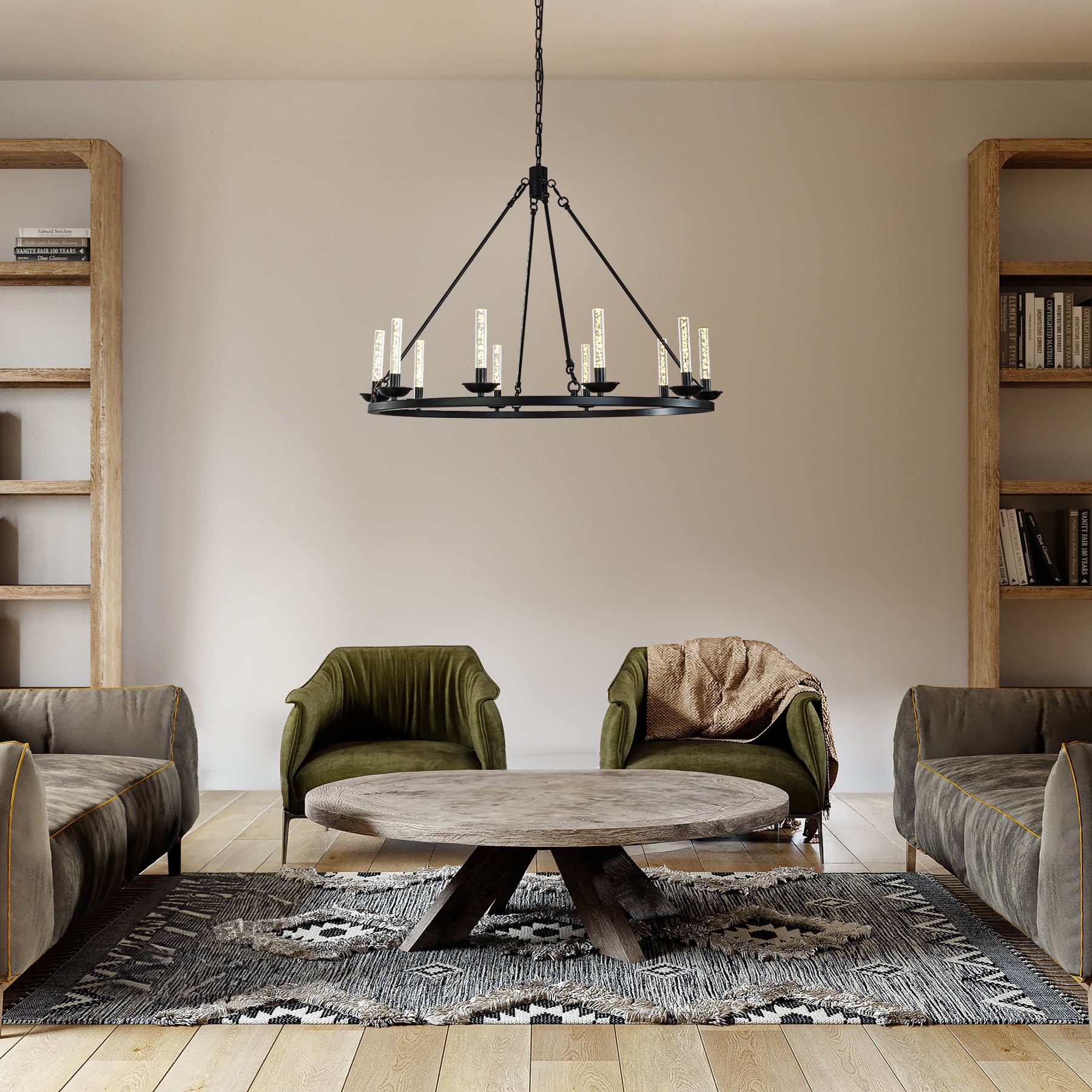 35'' 10-Light Transitional Black LED Chandelier With Unique Bubble Tube Round Modern Farmhouse Candle LED Pendant Lighting For Living Room and Dining Room