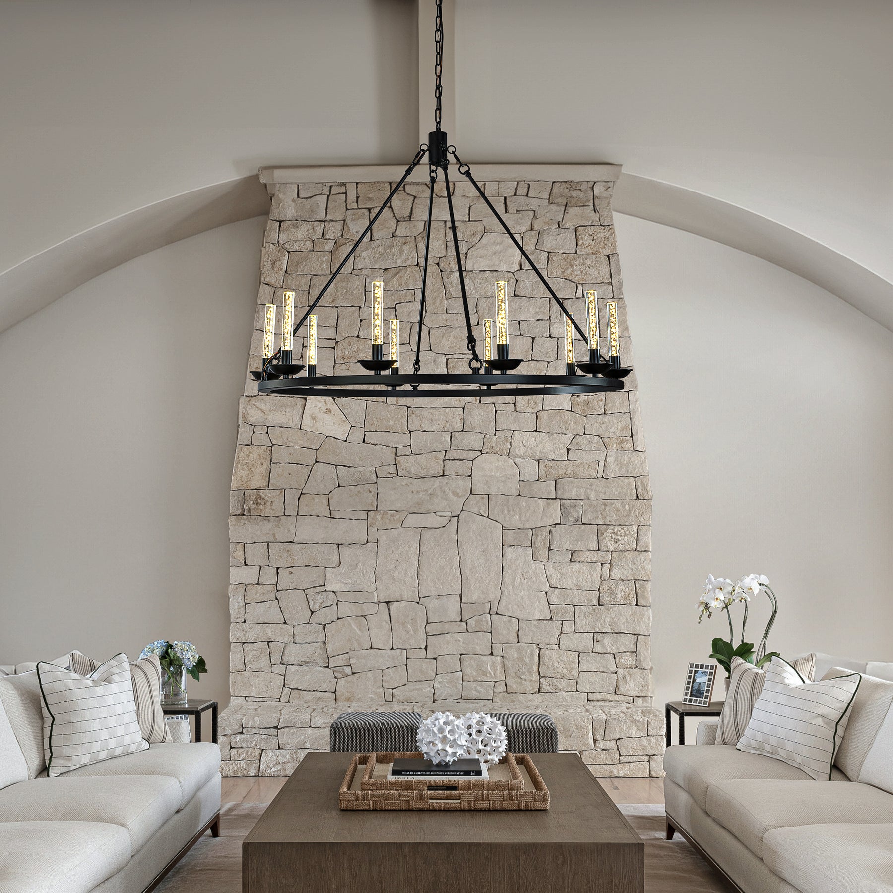 35'' 10-Light Transitional Black LED Chandelier With Unique Bubble Tube Round Modern Farmhouse Candle LED Pendant Lighting For Living Room and Dining Room