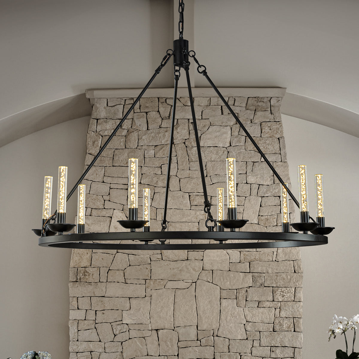 35'' 10-Light Transitional Black LED Chandelier With Unique Bubble Tube Round Modern Farmhouse Candle LED Pendant Lighting For Living Room and Dining Room