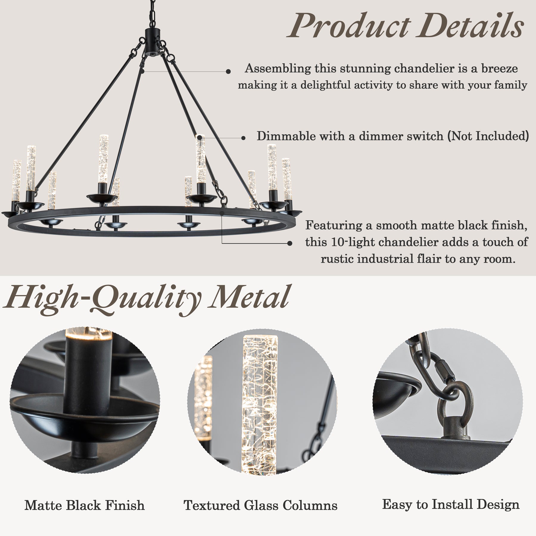 35'' 10-Light Transitional Black LED Chandelier With Unique Bubble Tube Round Modern Farmhouse Candle LED Pendant Lighting For Living Room and Dining Room