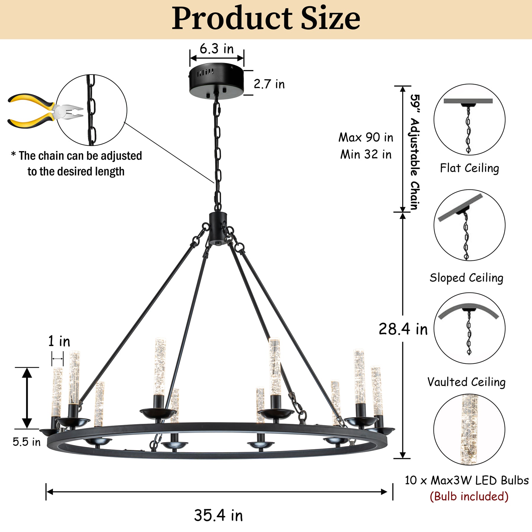 35'' 10-Light Transitional Black LED Chandelier With Unique Bubble Tube Round Modern Farmhouse Candle LED Pendant Lighting For Living Room and Dining Room