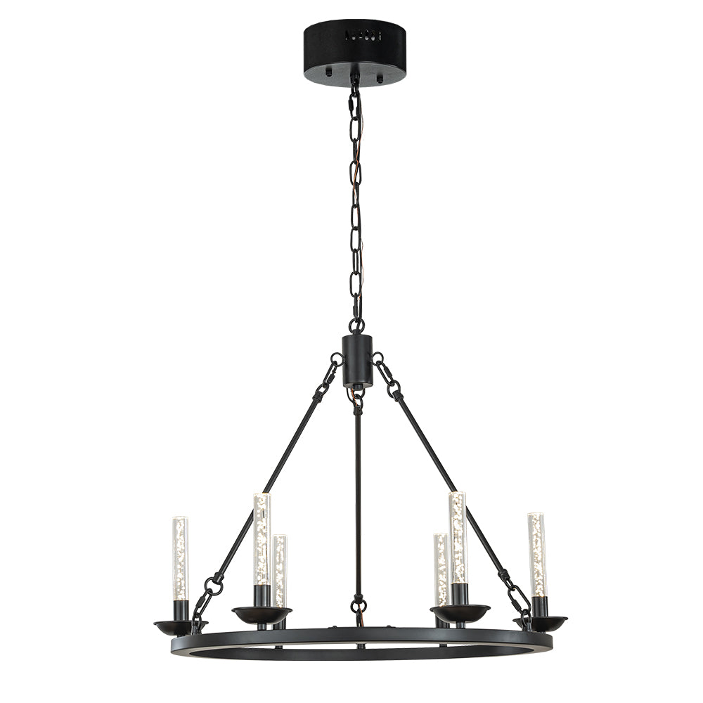 26'' 6-Light Transitional Black LED Chandelier With Unique Bubble Tube Round Modern Farmhouse Candle LED Pendant Lighting For Living Room and Dining Room