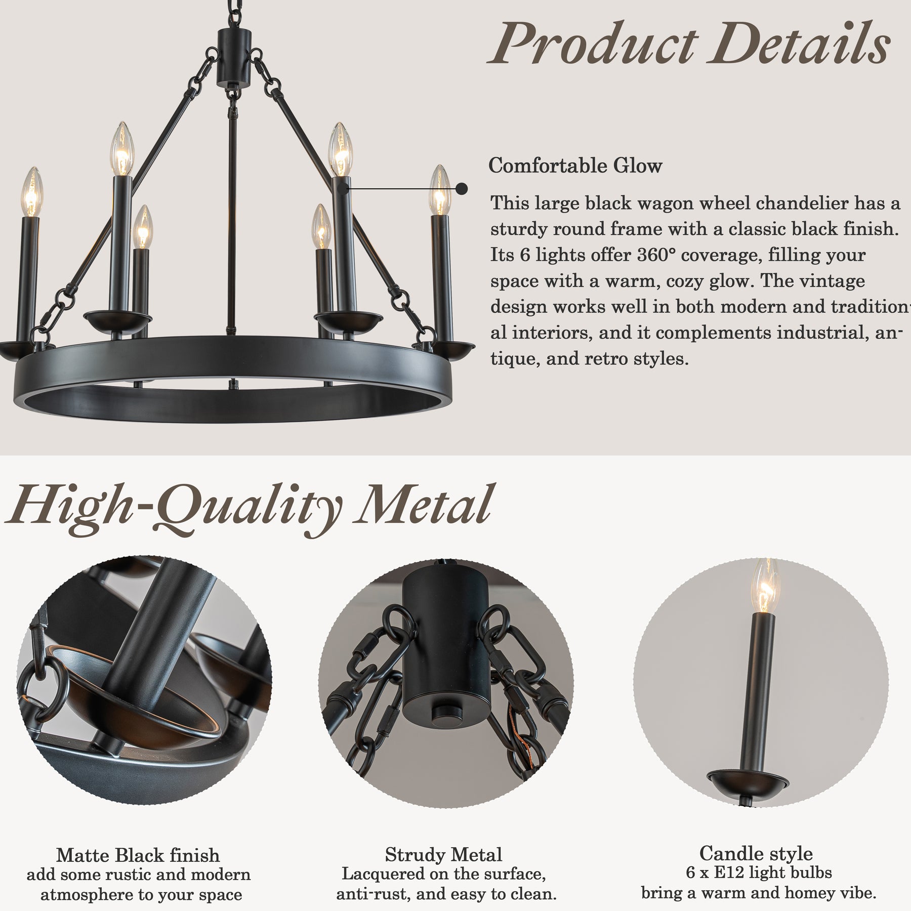 26'' 6-Light Modern Farmhouse Black Candelabra Chandelier Round Rustic Industrial Candle Pendant Lighting For Living Room and Dining Room