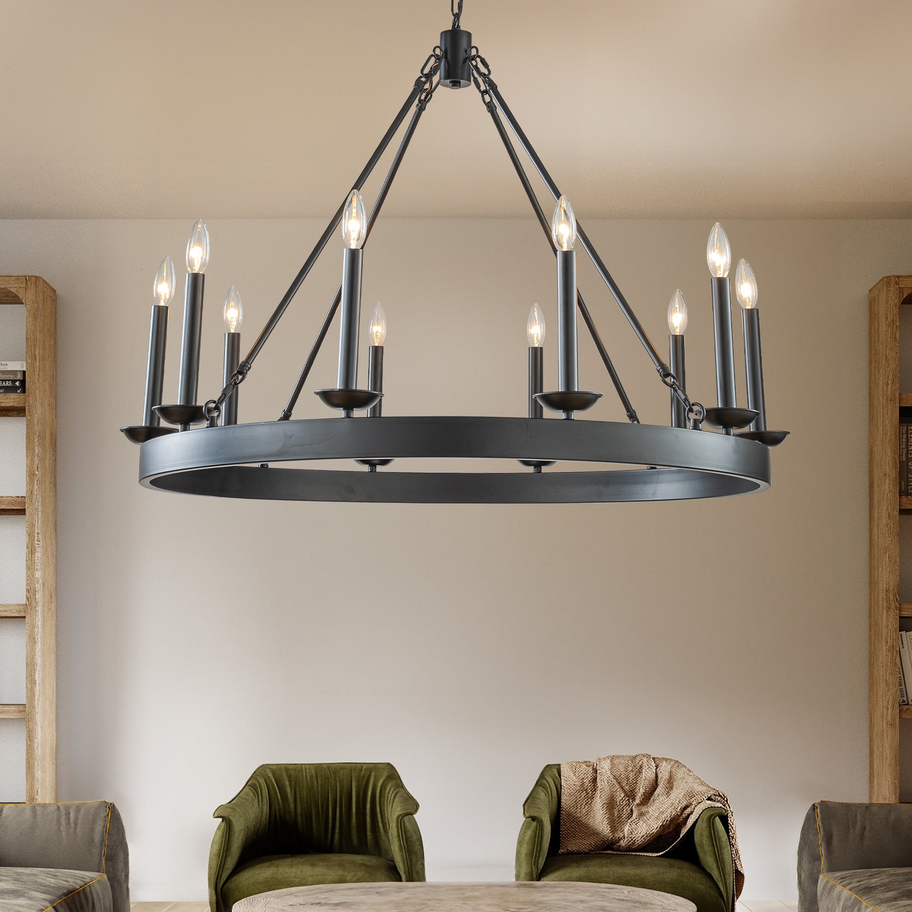 35 in. 10-Light Modern Farmhouse Black Wagon Wheel Candle Chandelier Round Rustic Industrial Pendant Lighting For Living Room and Family Room