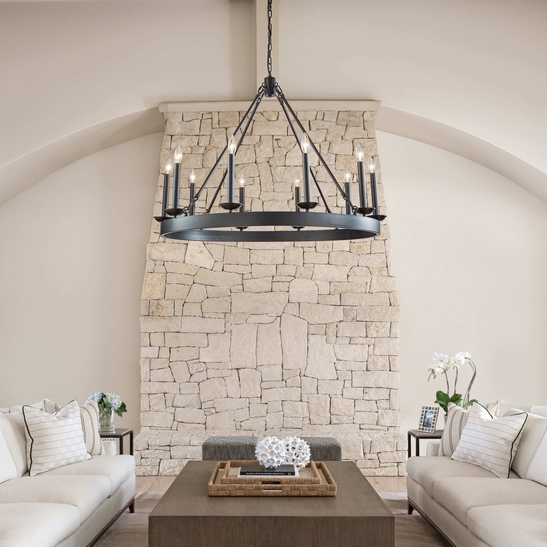 35 in. 10-Light Modern Farmhouse Black Wagon Wheel Candle Chandelier Round Rustic Industrial Pendant Lighting For Living Room and Family Room