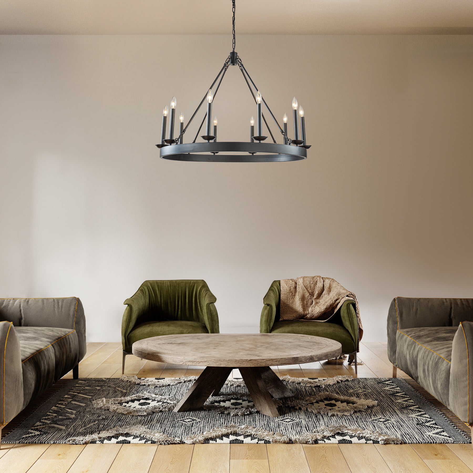 35 in. 10-Light Modern Farmhouse Black Wagon Wheel Candle Chandelier Round Rustic Industrial Pendant Lighting For Living Room and Family Room