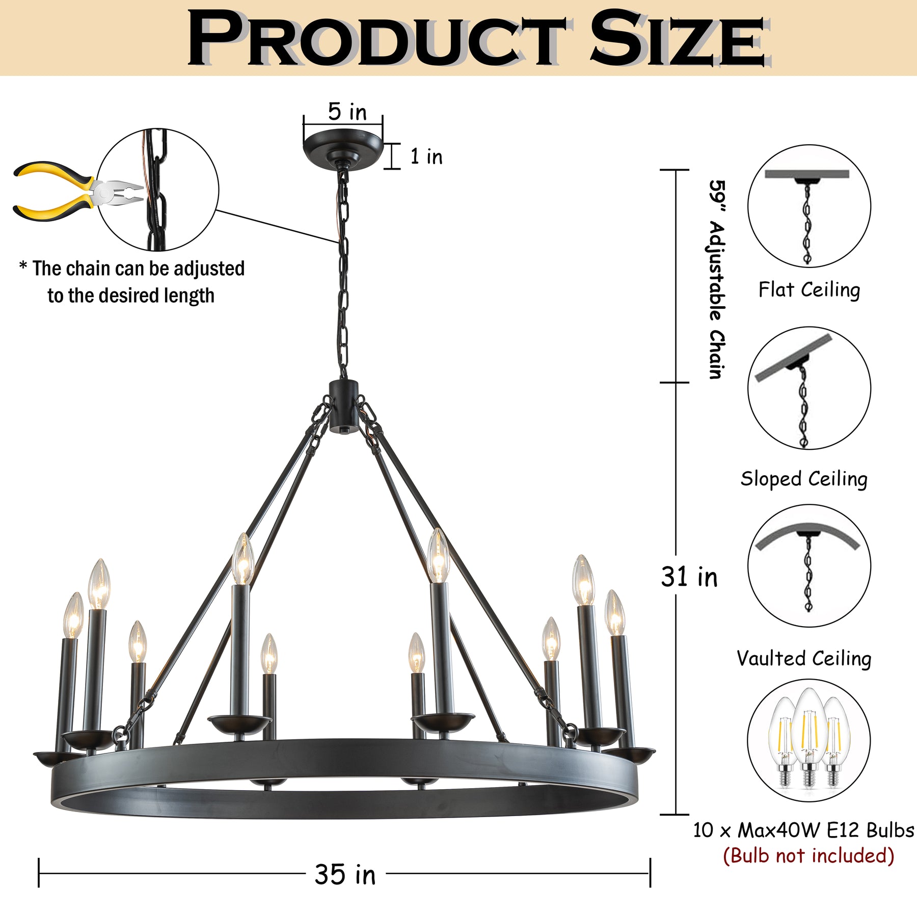 35 in. 10-Light Modern Farmhouse Black Wagon Wheel Candle Chandelier Round Rustic Industrial Pendant Lighting For Living Room and Family Room