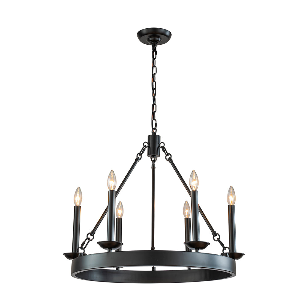 26'' 6-Light Modern Farmhouse Black Candelabra Chandelier Round Rustic Industrial Candle Pendant Lighting For Living Room and Dining Room