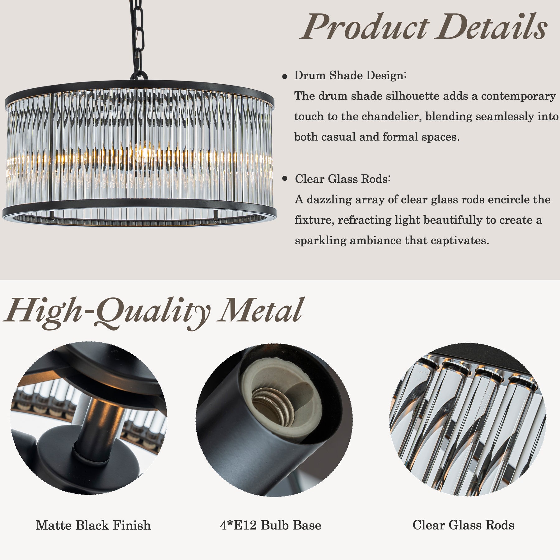 Modern Glam Black 4-Light Glass Drum Chandelier Contemporary Hanging Light For Living Room Entryway Bedroom