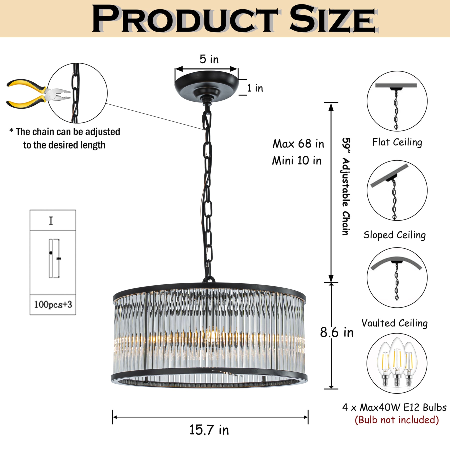 Modern Glam Black 4-Light Glass Drum Chandelier Contemporary Hanging Light For Living Room Entryway Bedroom
