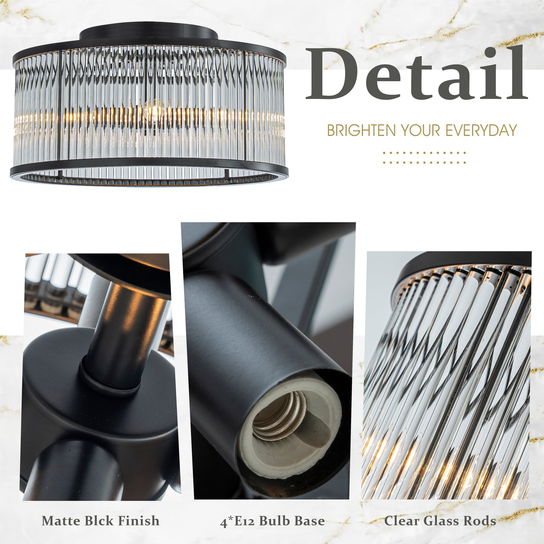 4 Lights W16 in Drum Glass Close to Ceiling Light in Matte Black Contemporary Round Dimmable Flush Mount Ceiling Light