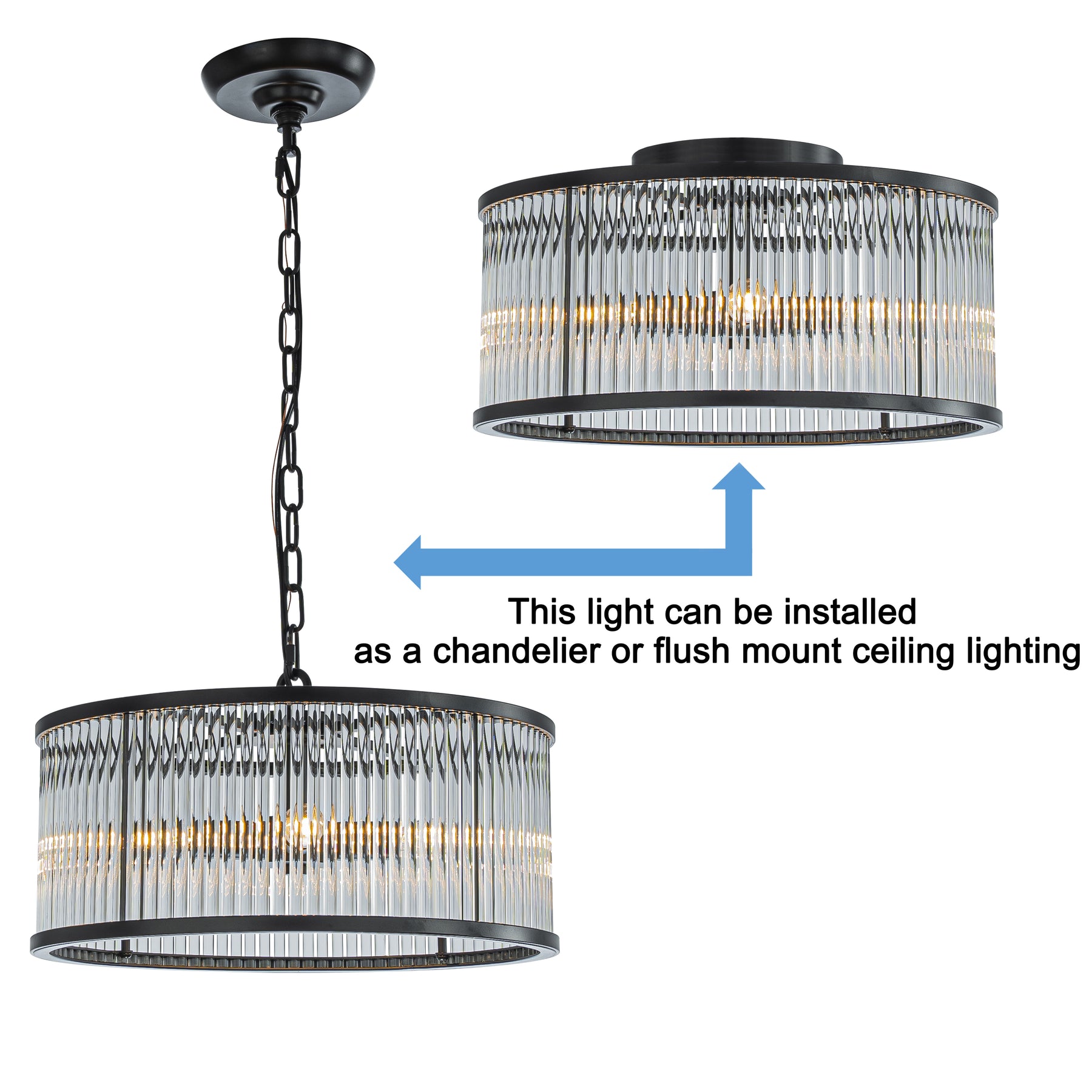 Modern Glam Black 4-Light Glass Drum Chandelier Contemporary Hanging Light For Living Room Entryway Bedroom