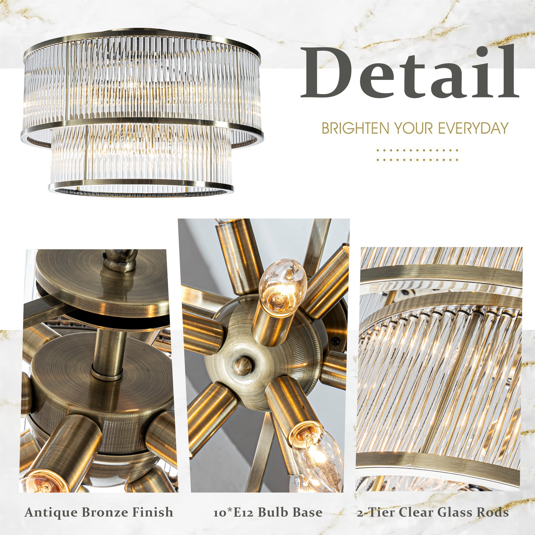 W21in Modern Glam 10-Light 2 Tiered Glass Drum Flush Mount Ceiling Lighting in Antique Bronze Contemporary Round Close to Ceiling Light