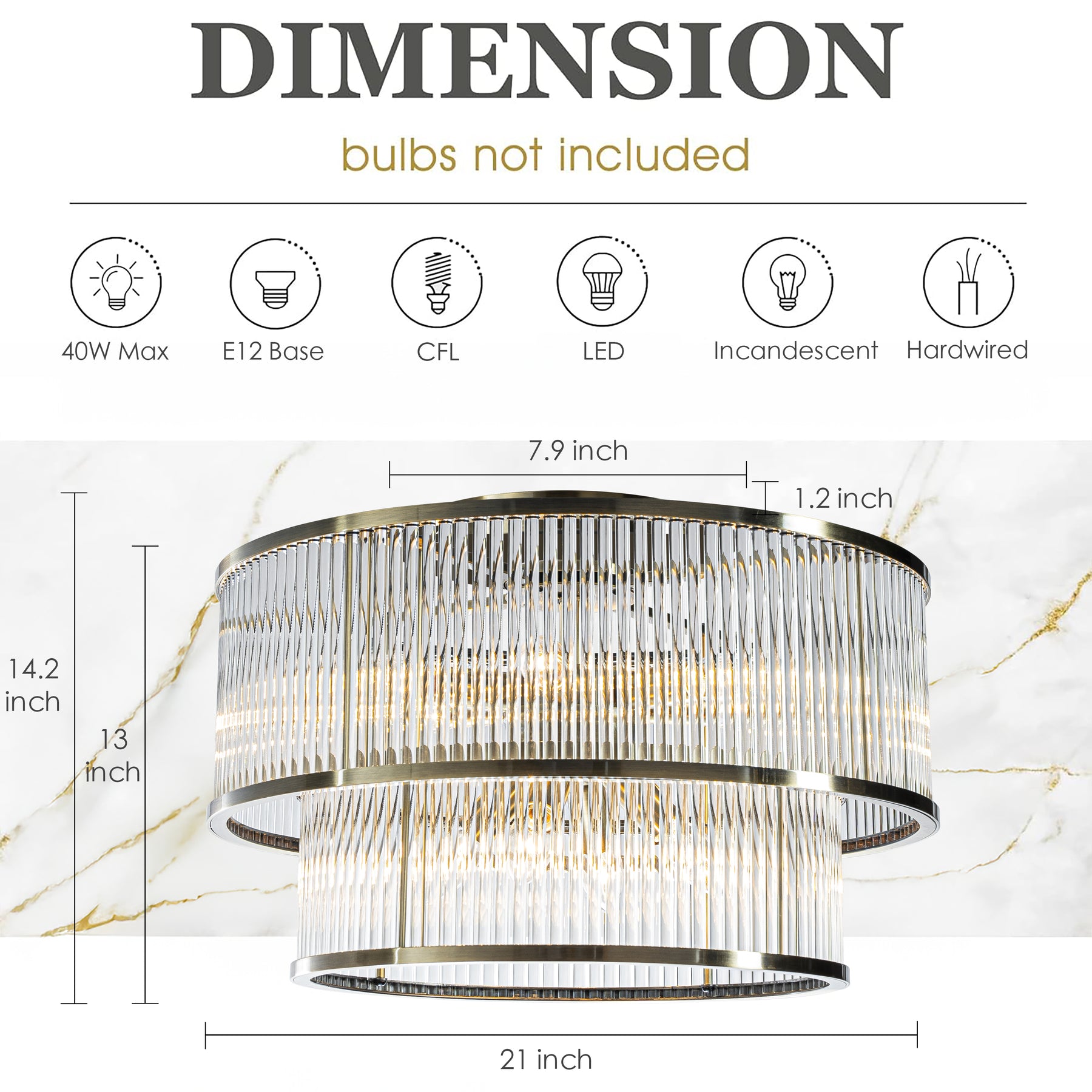W21in Modern Glam 10-Light 2 Tiered Glass Drum Flush Mount Ceiling Lighting in Antique Bronze Contemporary Round Close to Ceiling Light