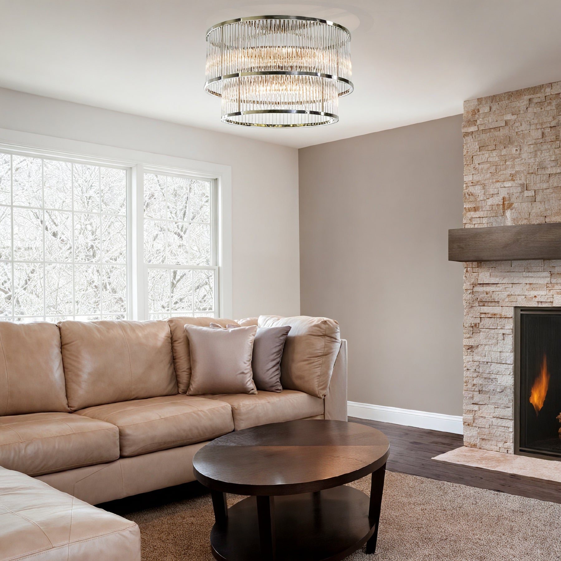 W21in Modern Glam 10-Light 2 Tiered Glass Drum Flush Mount Ceiling Lighting in Antique Bronze Contemporary Round Close to Ceiling Light