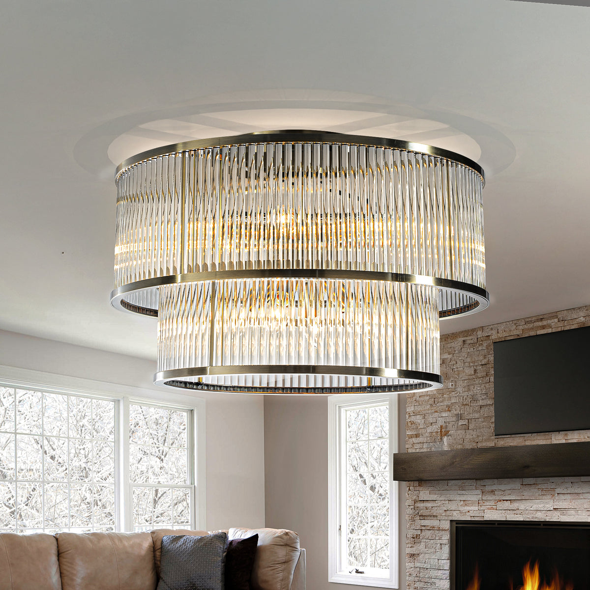W21in Modern Glam 10-Light 2 Tiered Glass Drum Flush Mount Ceiling Lighting in Antique Bronze Contemporary Round Close to Ceiling Light