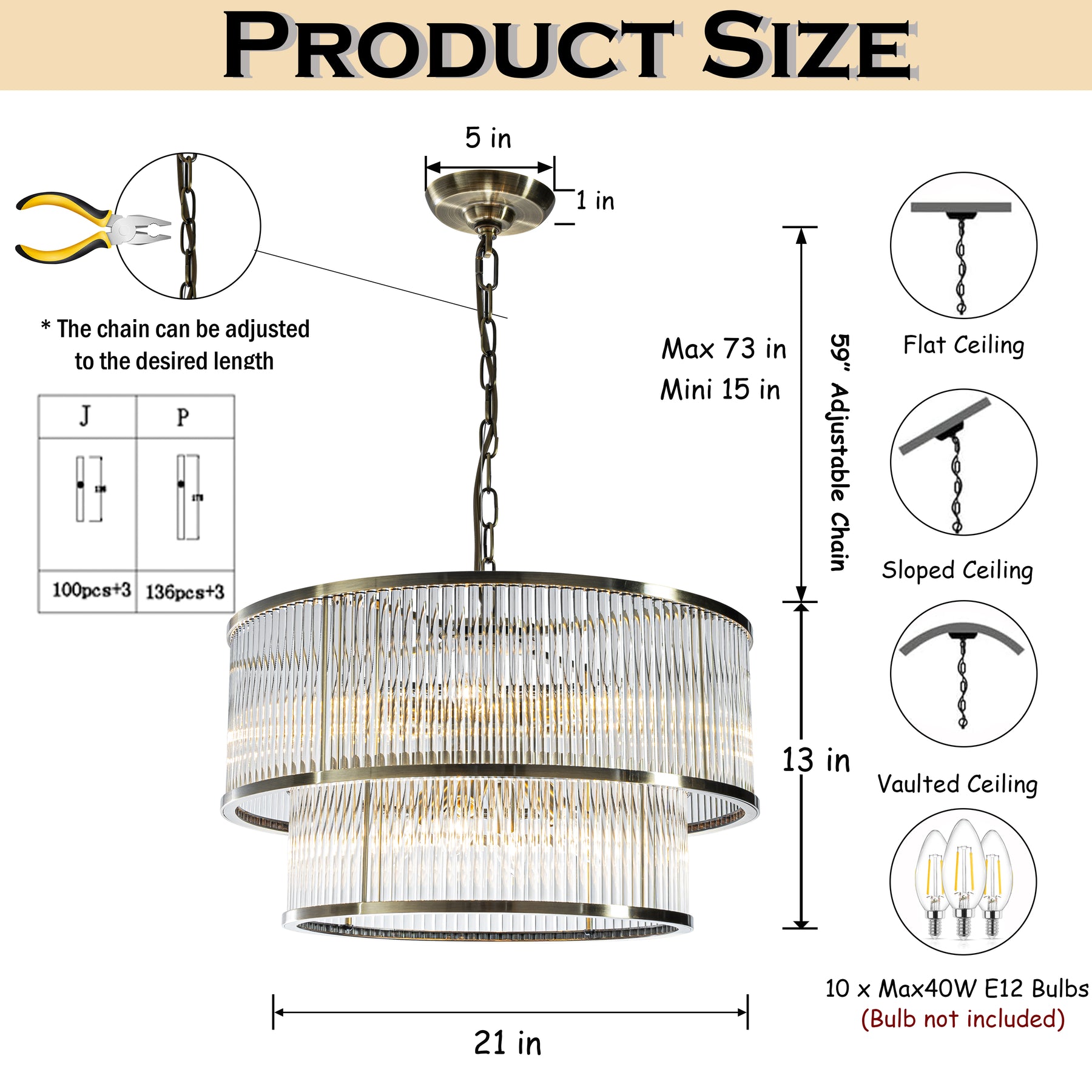 21'' Wide Modern Glam Antique Bronze 10-Light 2-Tier Glass Drum Chandelier Contemporary Hanging Light For Living Room Dining Room
