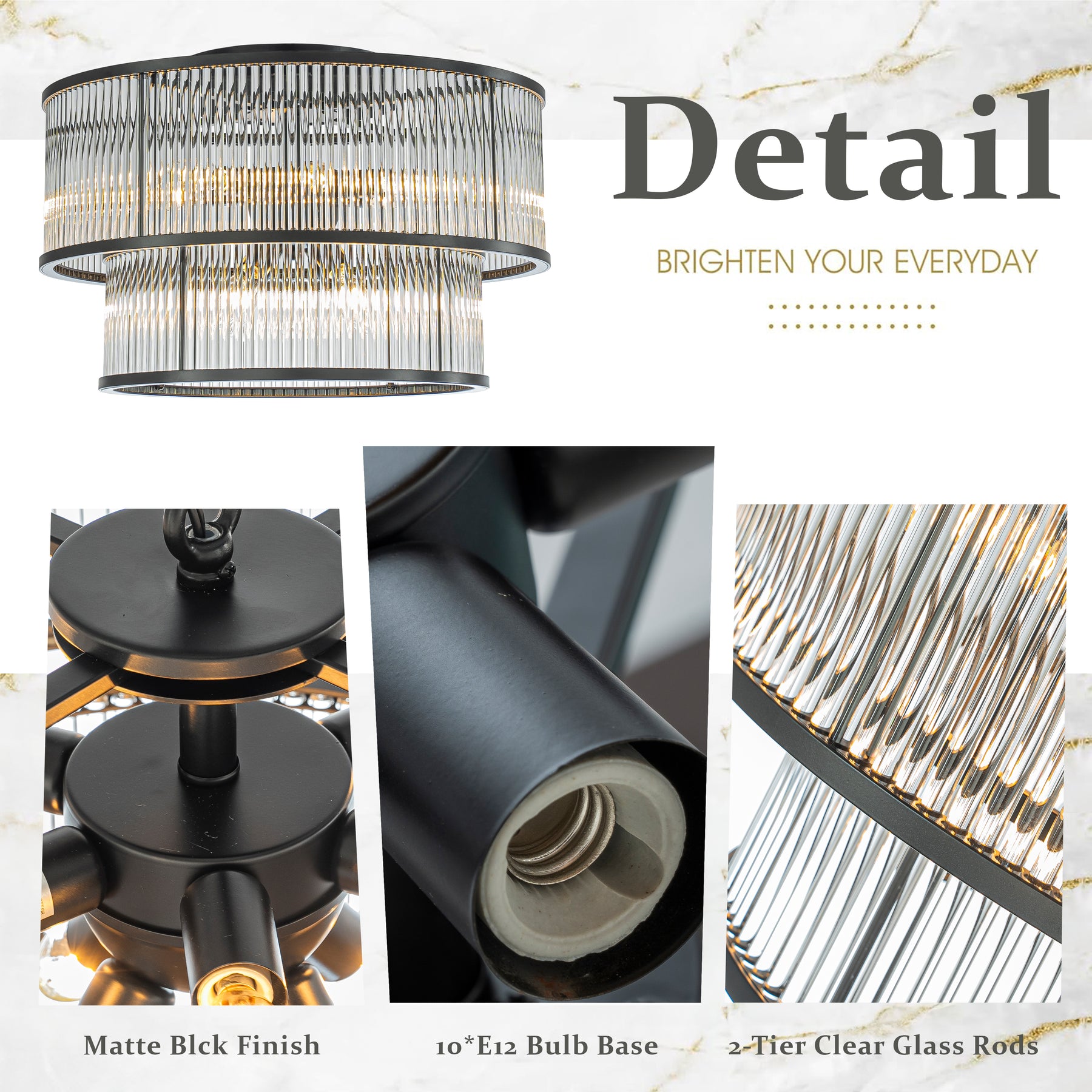 W21in Modern Glam 10-Light 2 Tiered Glass Drum Flush Mount Ceiling Lighting in Matte Black Contemporary Round Close to Ceiling Light
